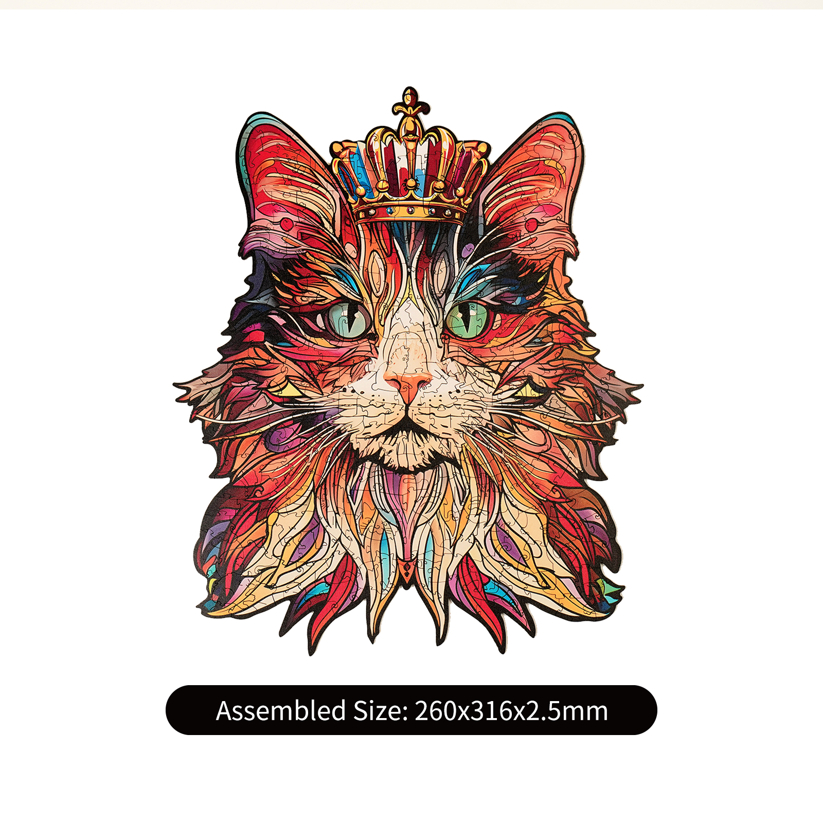 Rowood Cat King completed puzzle size graphic showing 26 cm by 31.6 cm