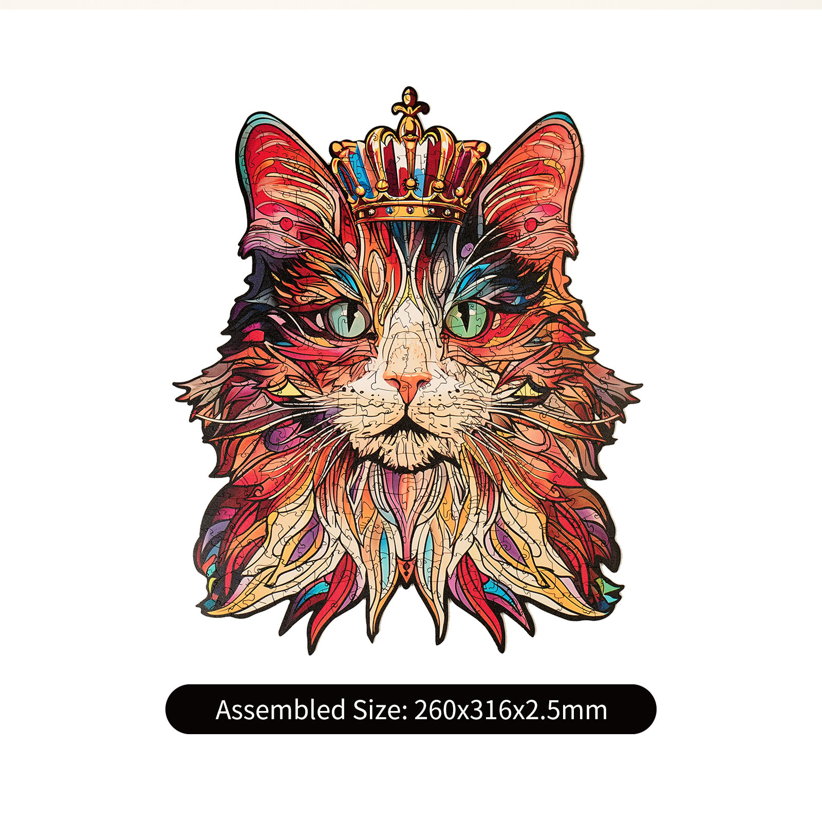 Rowood Cat King completed puzzle size graphic showing 26 cm by 31.6 cm