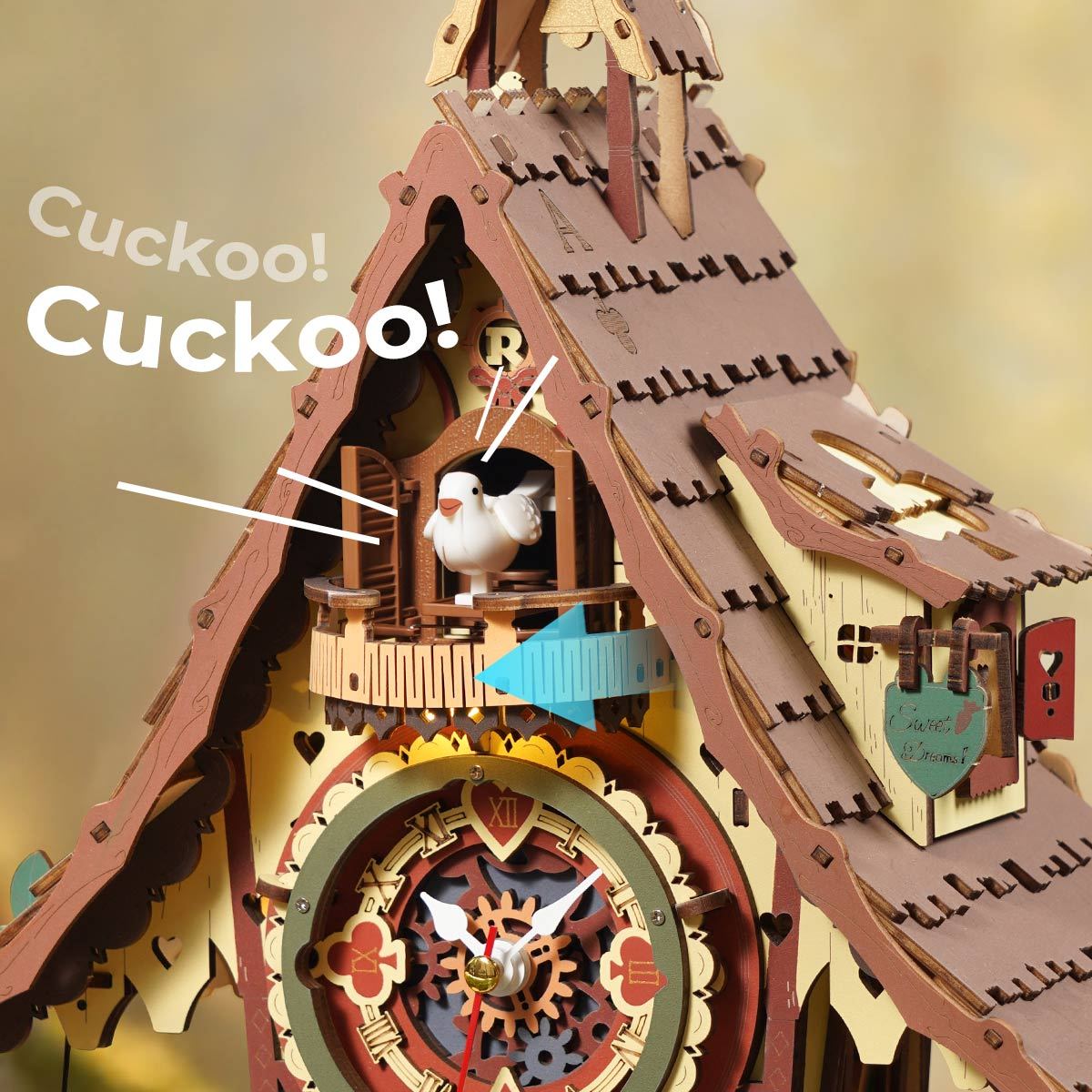 ROKR Cuckoo Clock close-up of cuckoo bird emerging from roof window