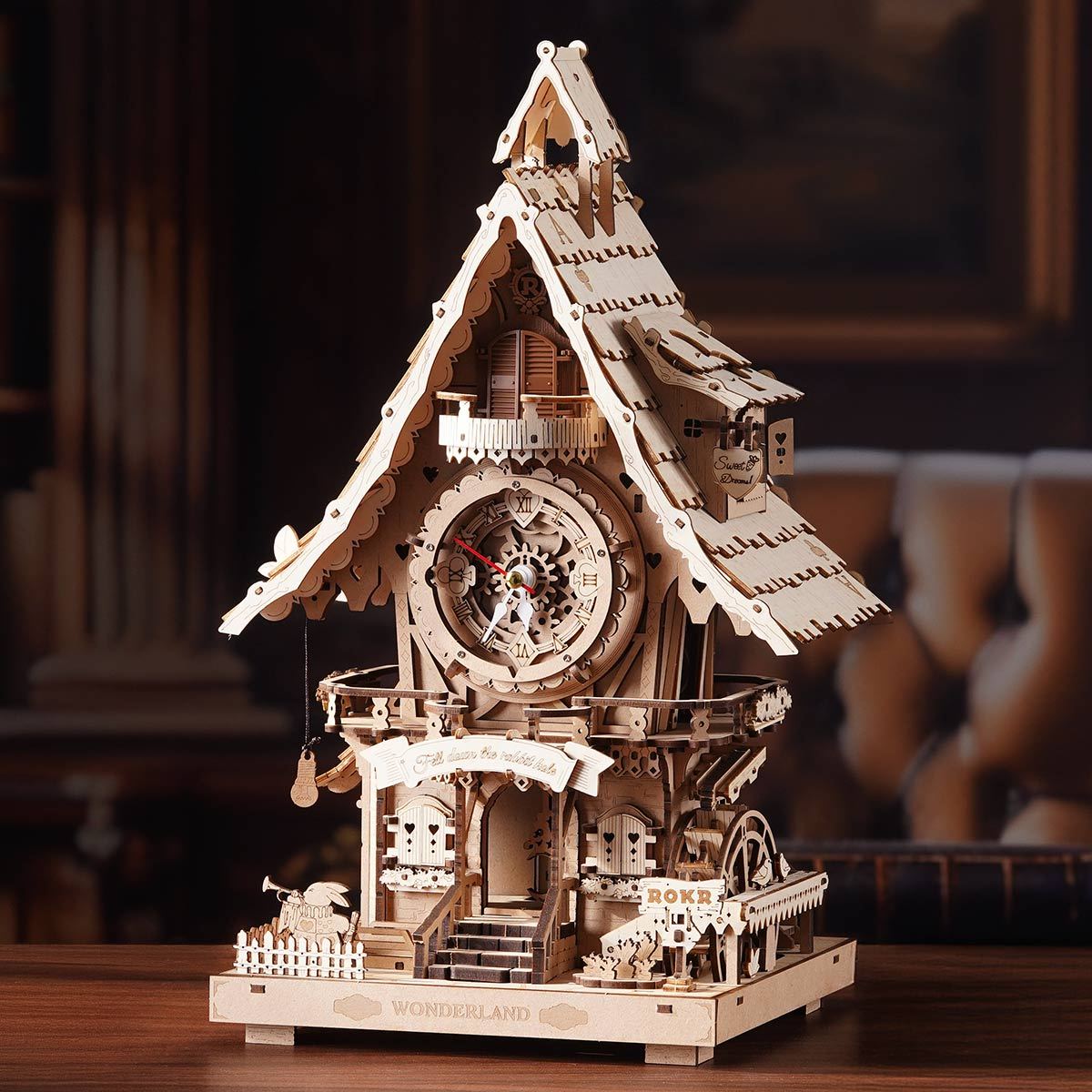 ROKR Cuckoo Clock natural wood model displayed before coloring