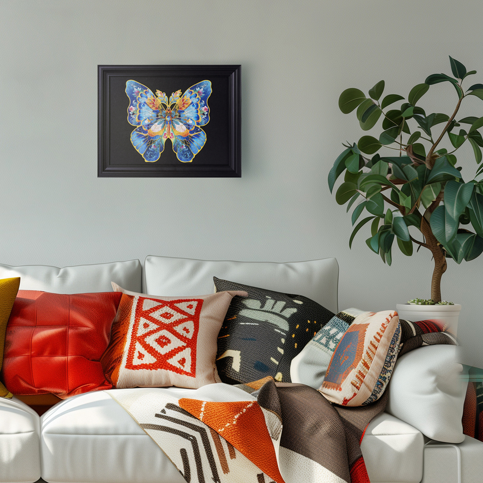 Rowood Morpho Helena framed butterfly puzzle displayed above sofa