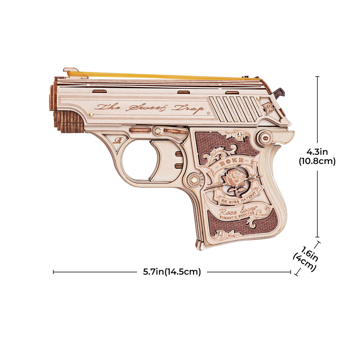 ROKR Mini Gun LQ502 taille graphique montrant 14,5 cm de longueur et 10,8 cm de hauteur