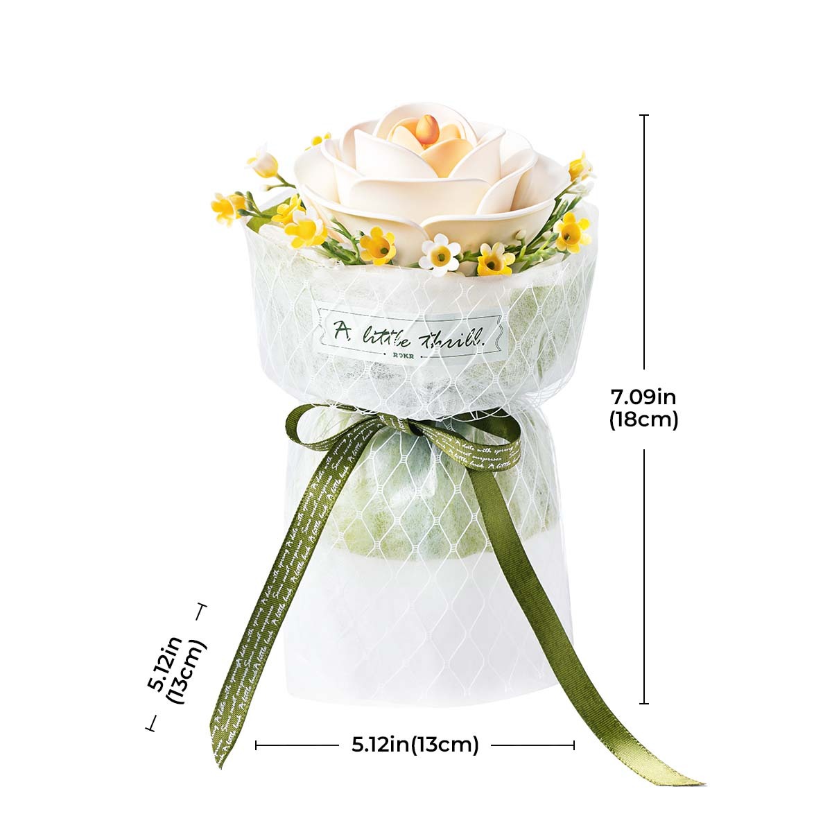 ROKR White Camellia AF011 taille graphique montrant 13 cm de largeur et 18 cm de hauteur
