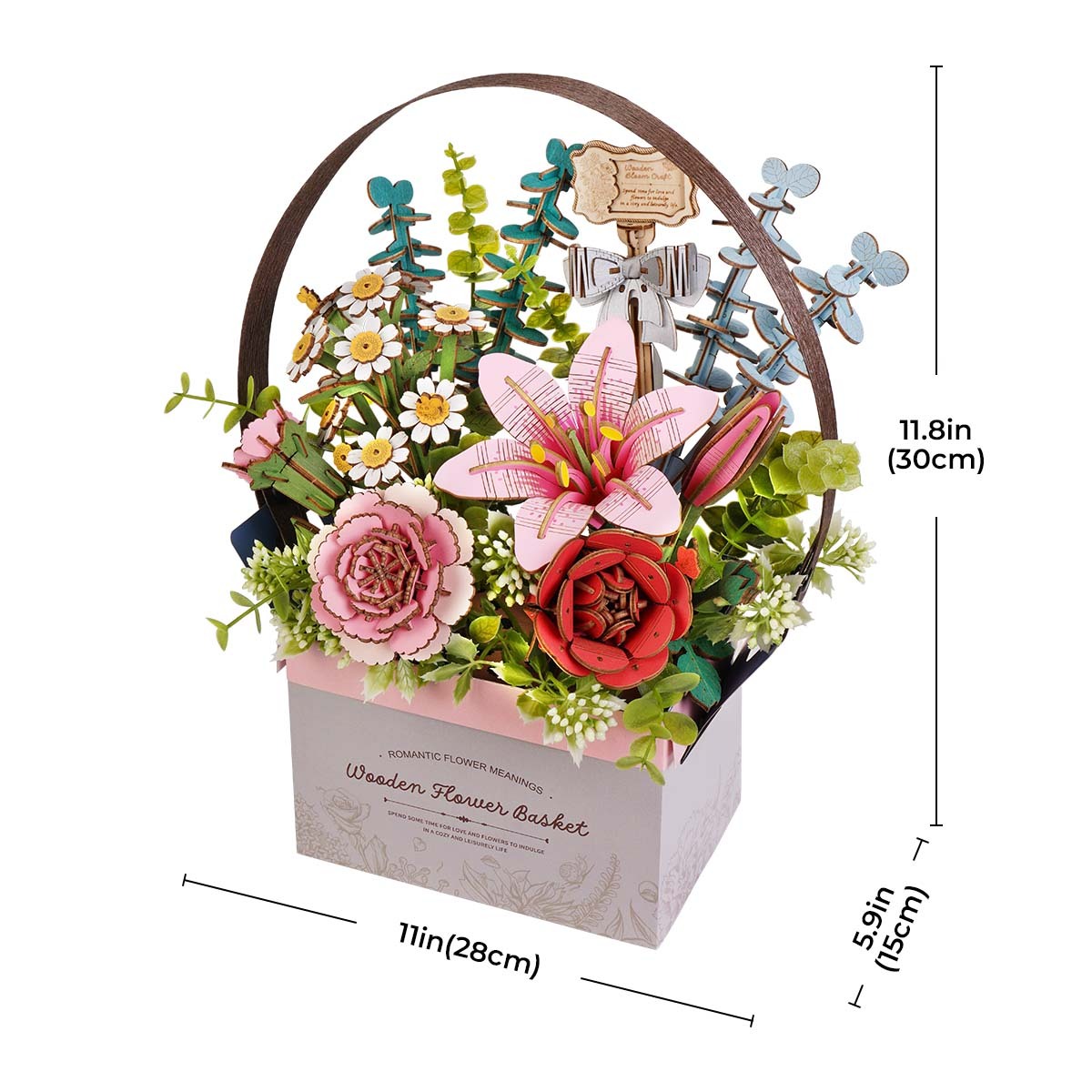 Rowood Wooden Flower Basket TW03H size graphic showing 22 cm width and 30 cm height