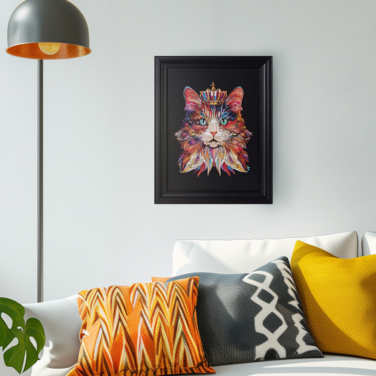 Rowood Cat King framed puzzle displayed above sofa in living room