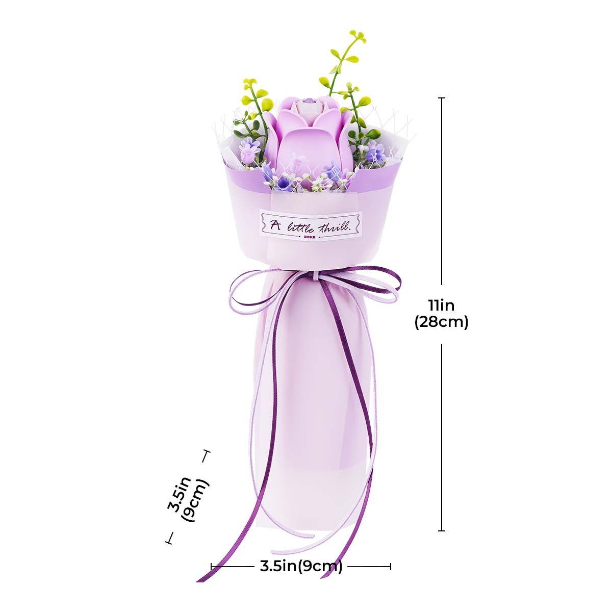 ROKR Purple Rose AF021 taille graphique montrant 9 cm de largeur et 28 cm de hauteur