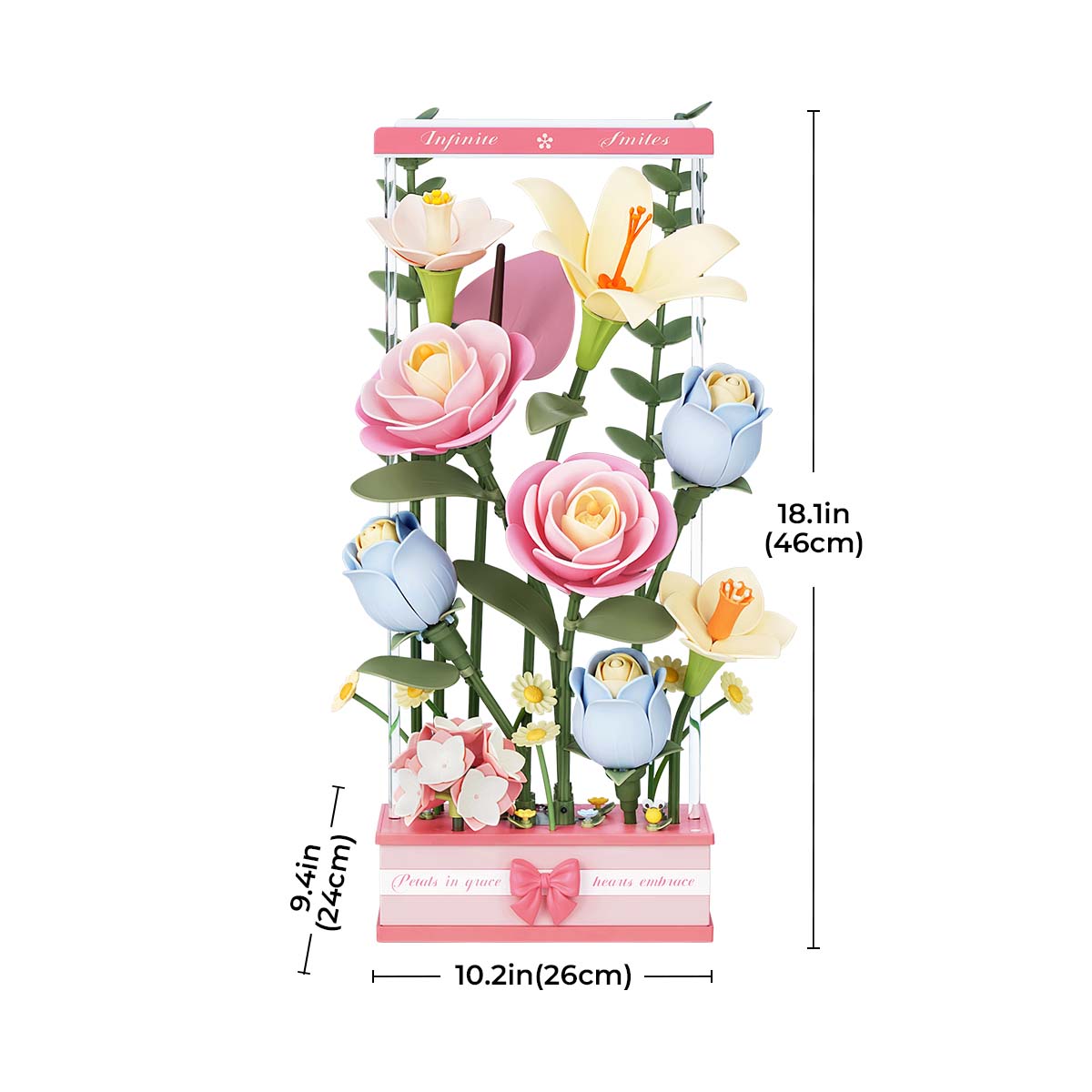 ROKR Blooming Bouquet Box AF01D taille graphique montrant 26 cm de largeur et 46 cm de hauteur