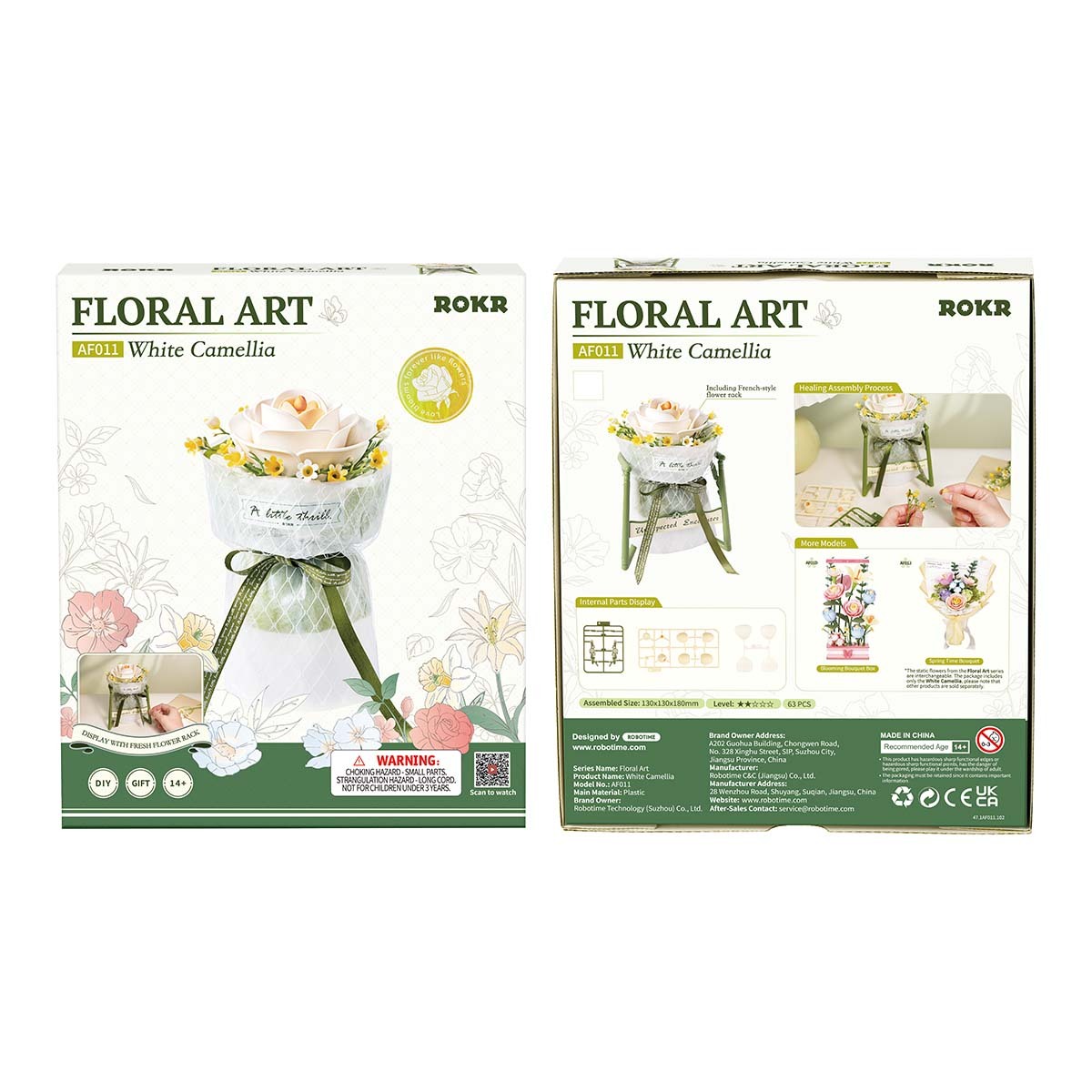 ROKR Camélia Blanc AF011 emballage avant et arrière avec détails du produit