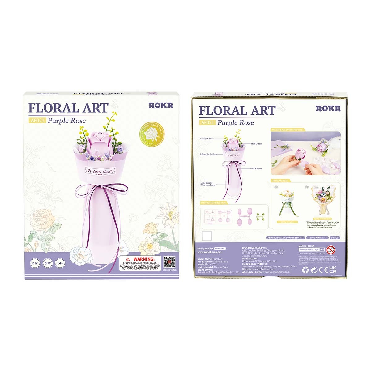 ROKR Rose Pourpre AF021 emballage avant et arrière avec détails de bouquet