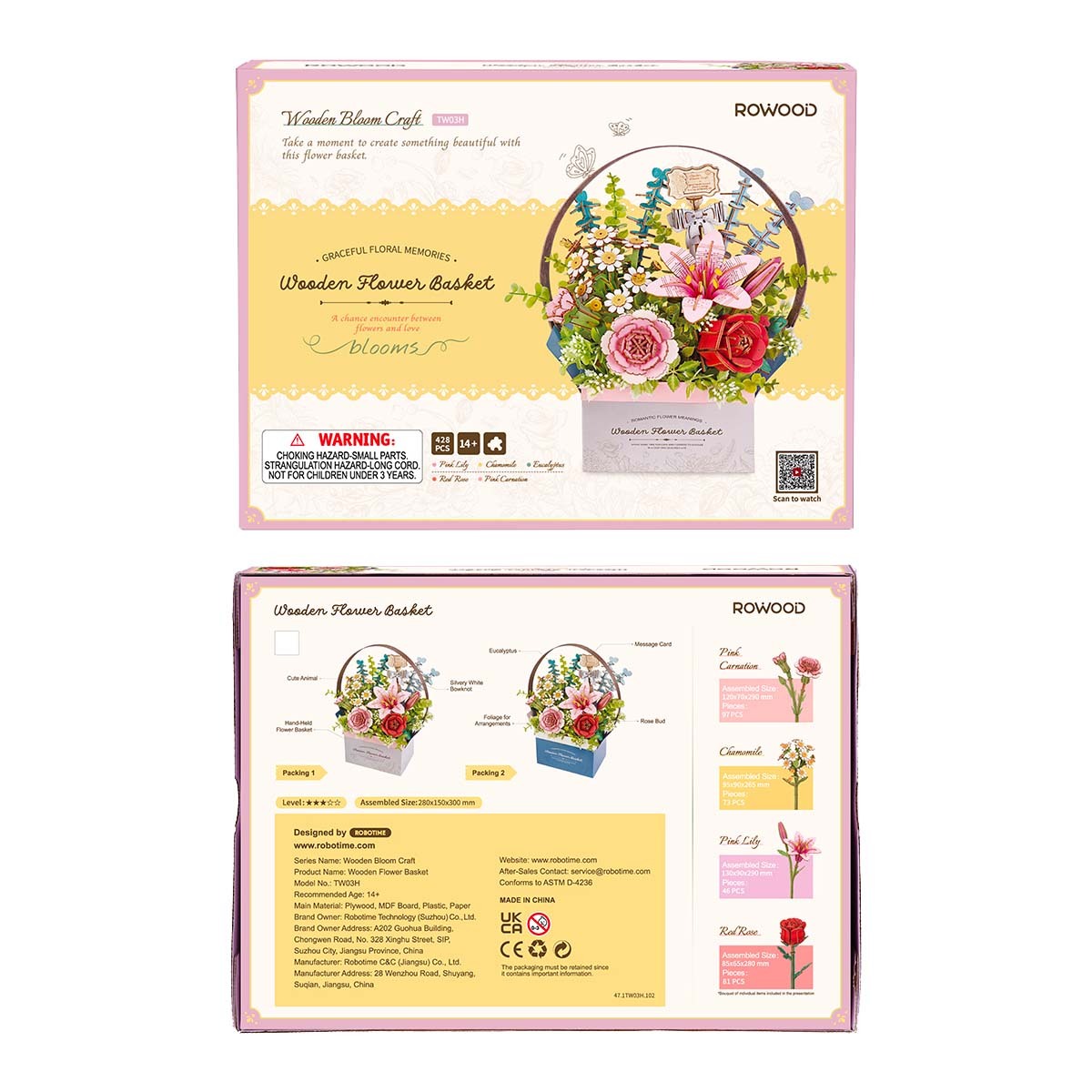 Rowood Wooden Flower Basket TW03H package front and back with product information