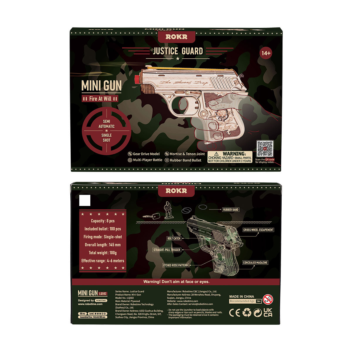 ROKR Mini Gun LQ502 paquet avant et arrière avec détails du produit
