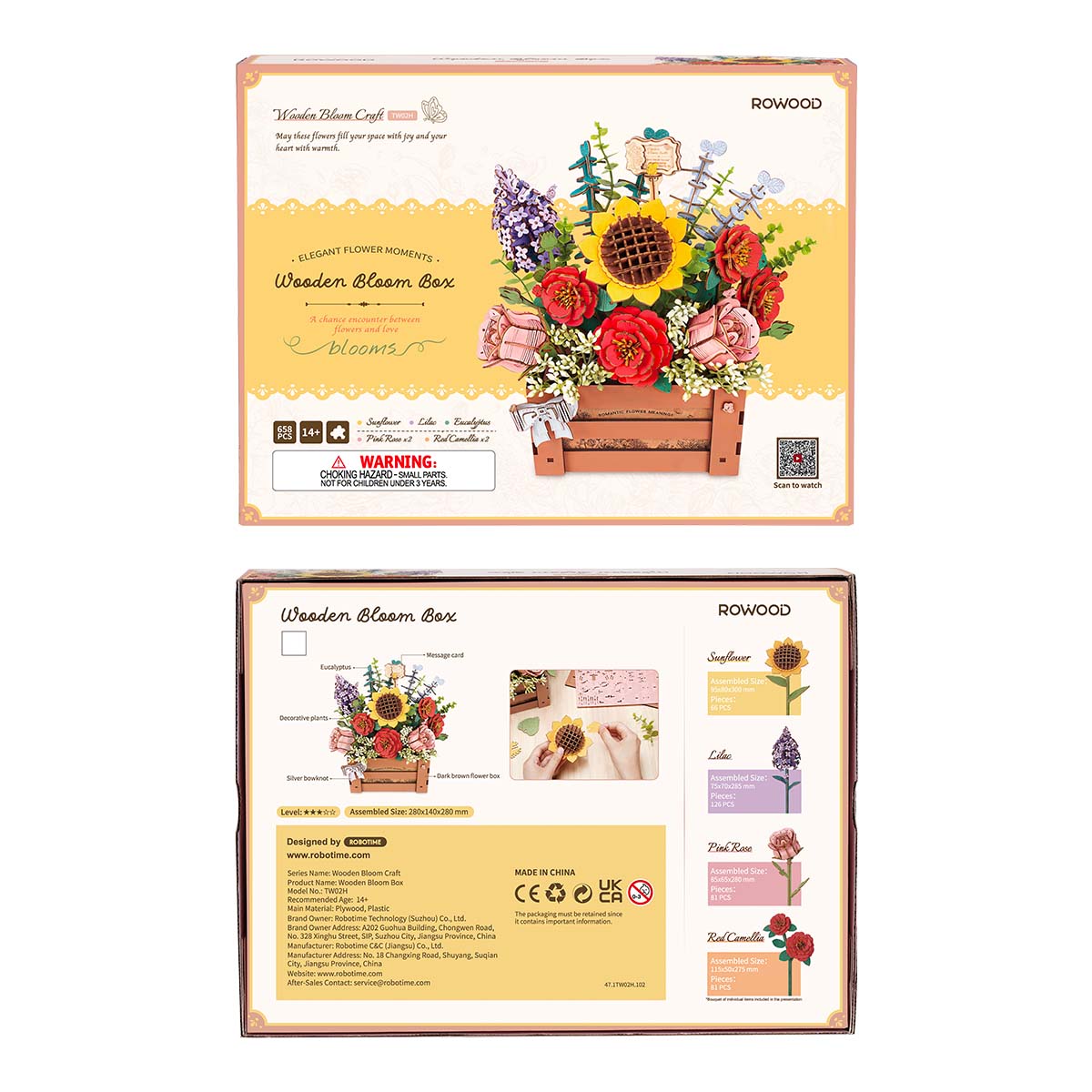 Rowood Wooden Bloom Box TW02H package front and back with product information