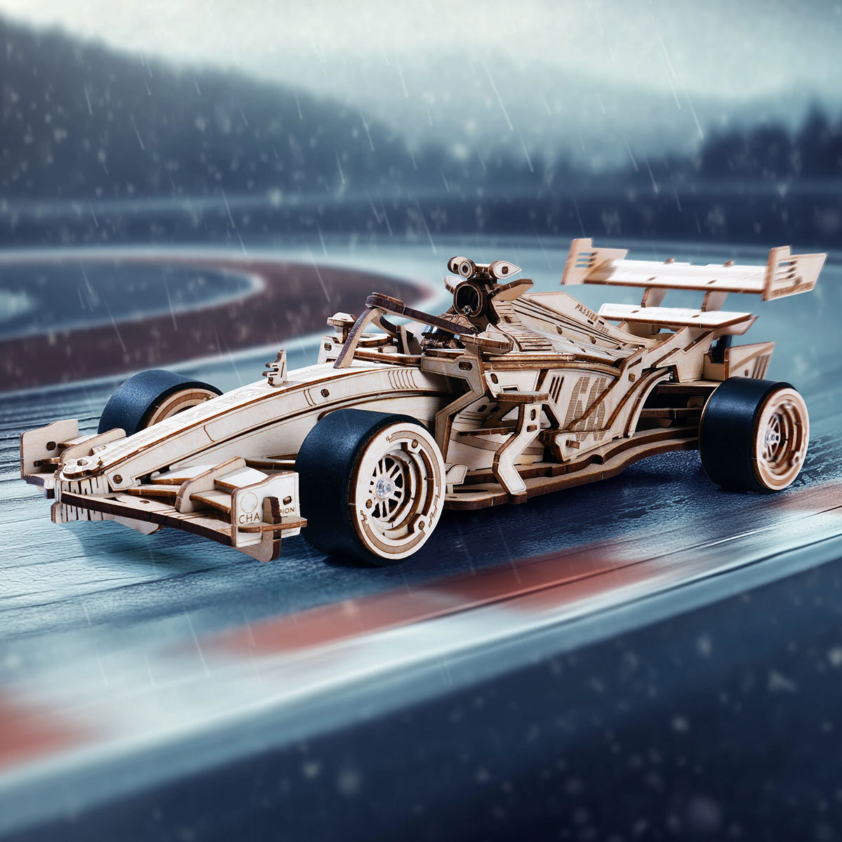 ROKR Racing Car LK505 wooden race car model on wet track scene