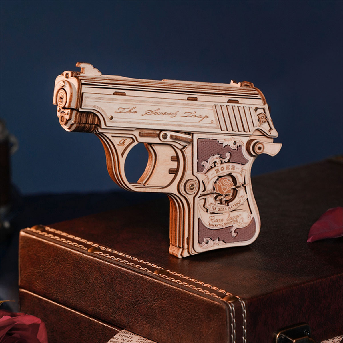 ROKR Mini Gun LQ502 wooden pistol displayed on dark tabletop