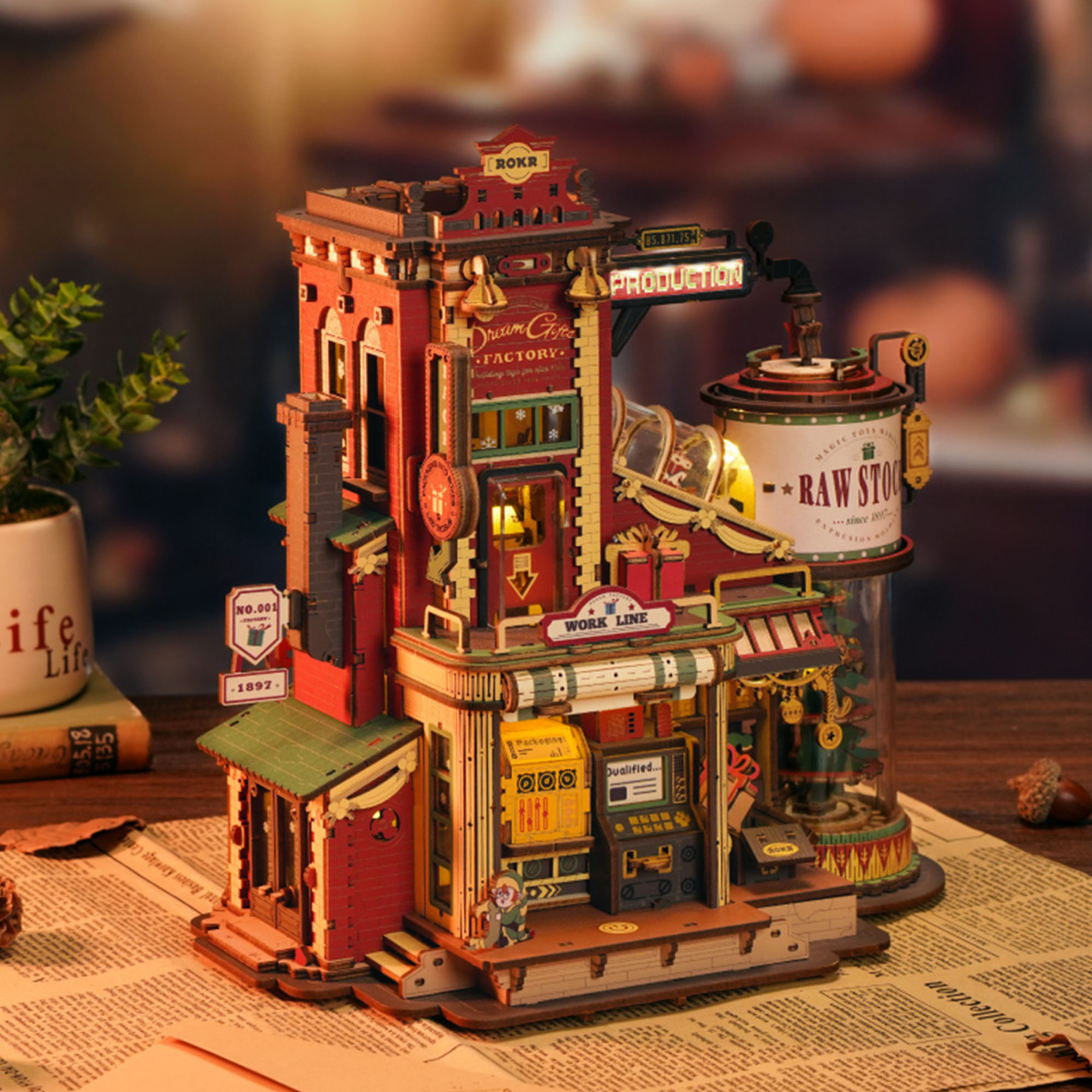ROKR Traum Geschenk Fabrik EAB01 Rückansicht mit Zahnrädern, Fenstern und Fabrikwänden