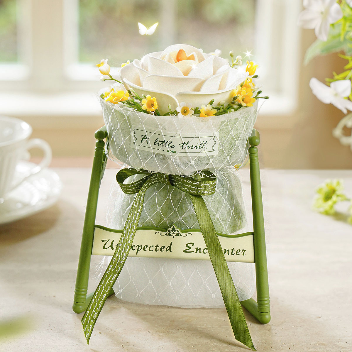 ROKR White Camellia AF011 finished flower bouquet on bright tabletop