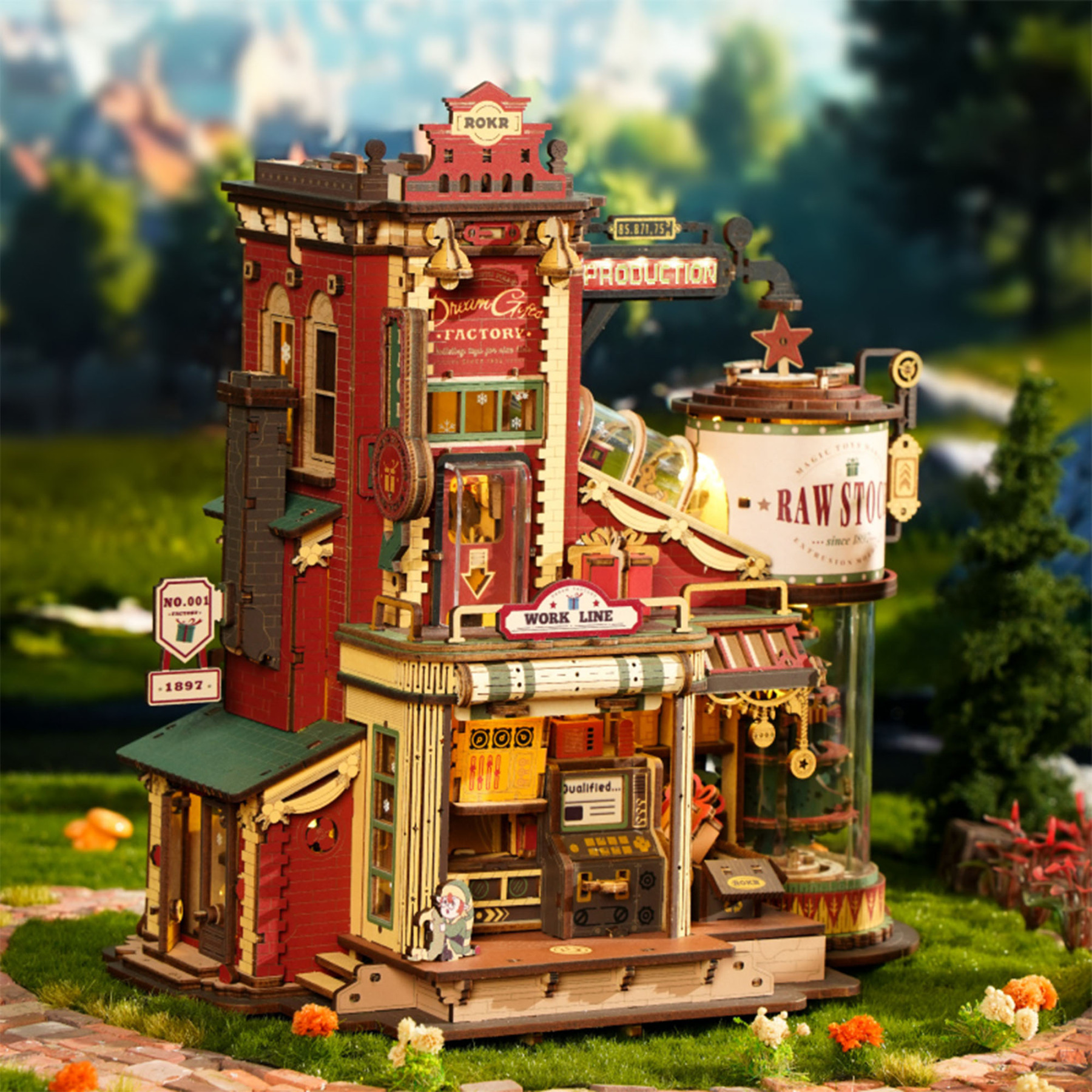 ROKR Traum Geschenk Fabrik EAB01 bunte Spielzeugfabrik in Gartenszene
