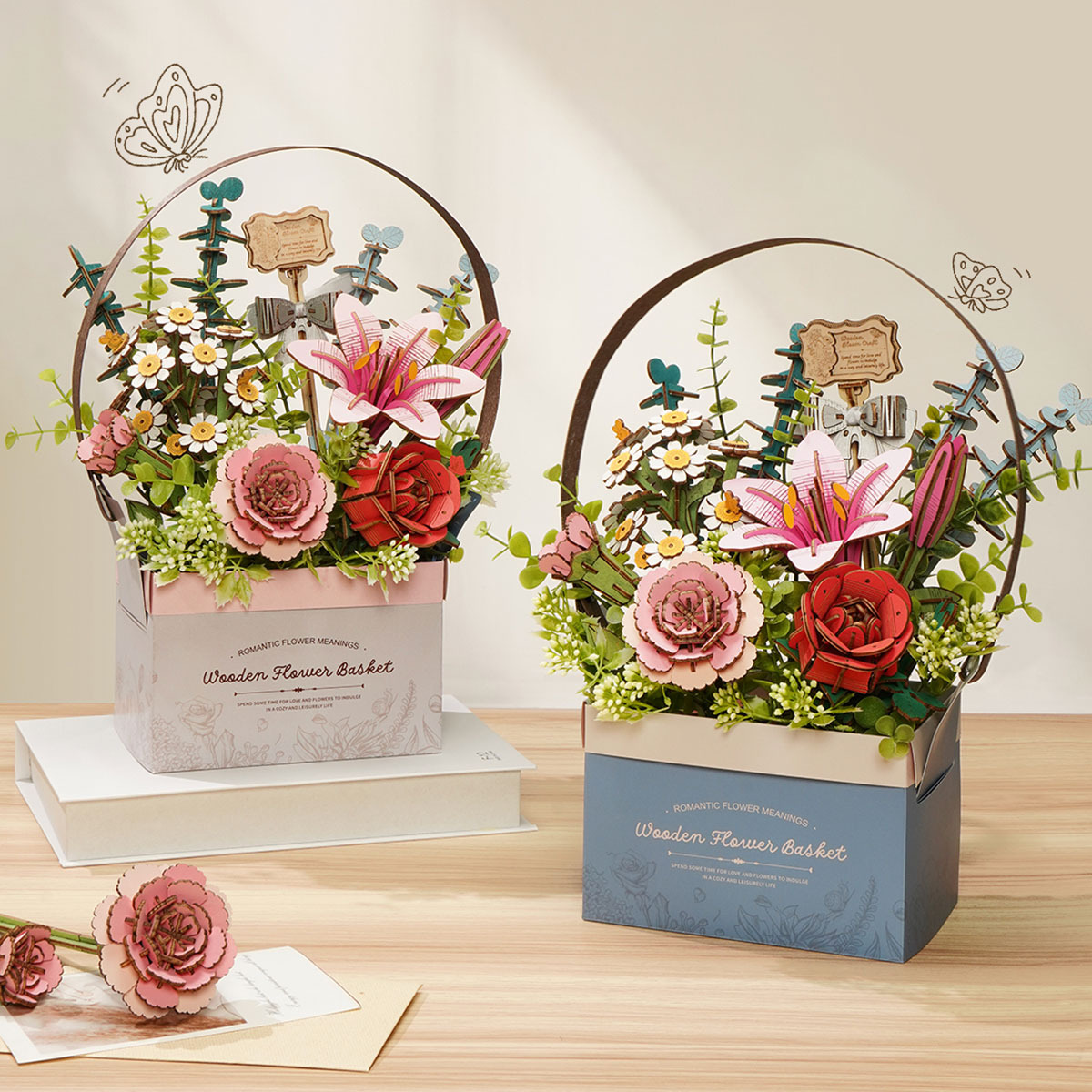 Rowood Wooden Flower Basket TW03H two basket color display with floral bouquets