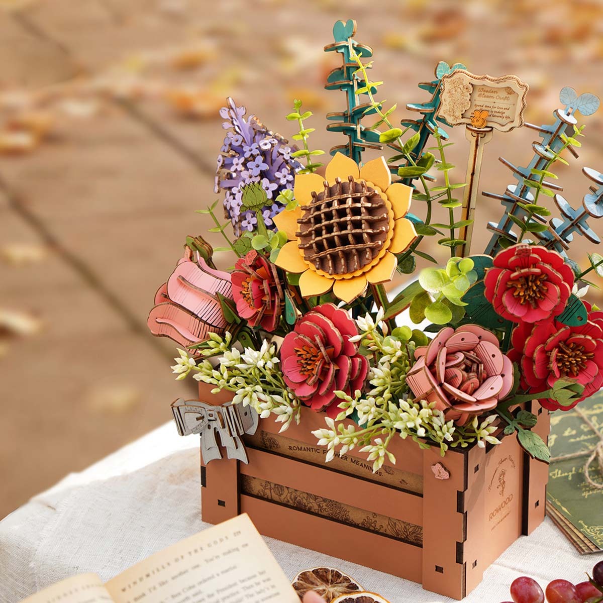 Rowood Wooden Bloom Box TW02H close-up of sunflower, roses and lavender stems
