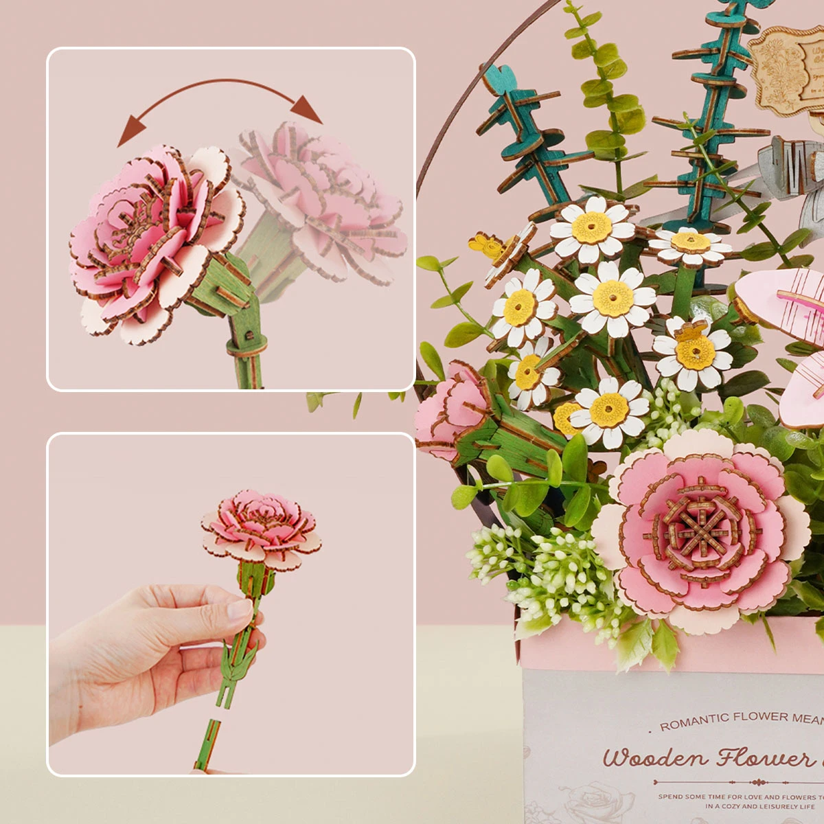 Rowood Cesto di Fiori in Legno TW03H dettagli ravvicinati regolabili di rose e fiori