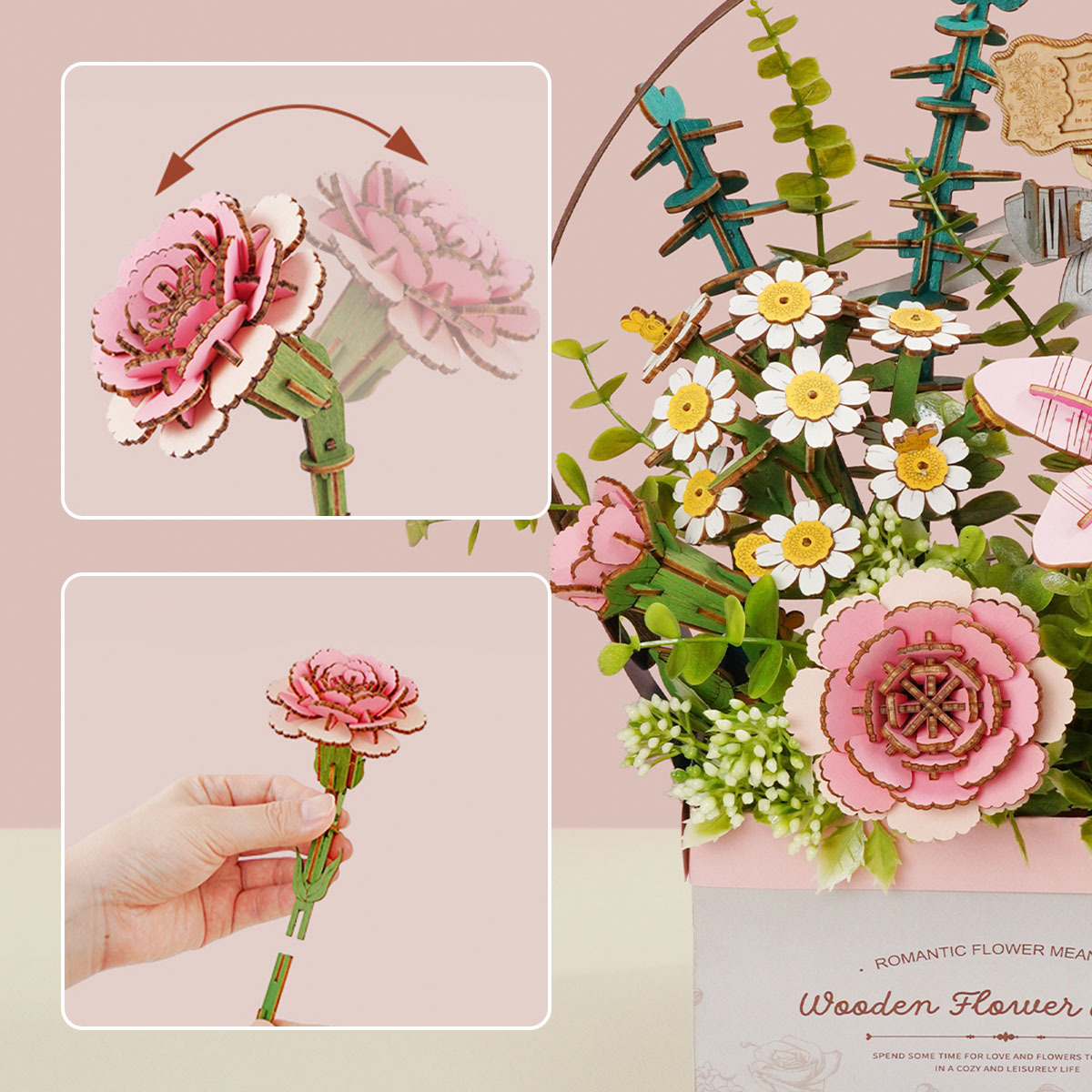 Rowood Wooden Flower Basket TW03H adjustable rose and flower close-up details