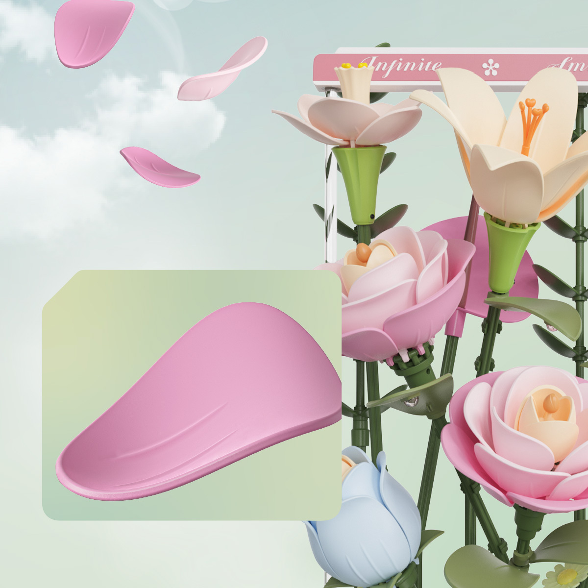 ROKR Blooming Bouquet Box AF01D gros plan sur les pétales et le mécanisme de floraison