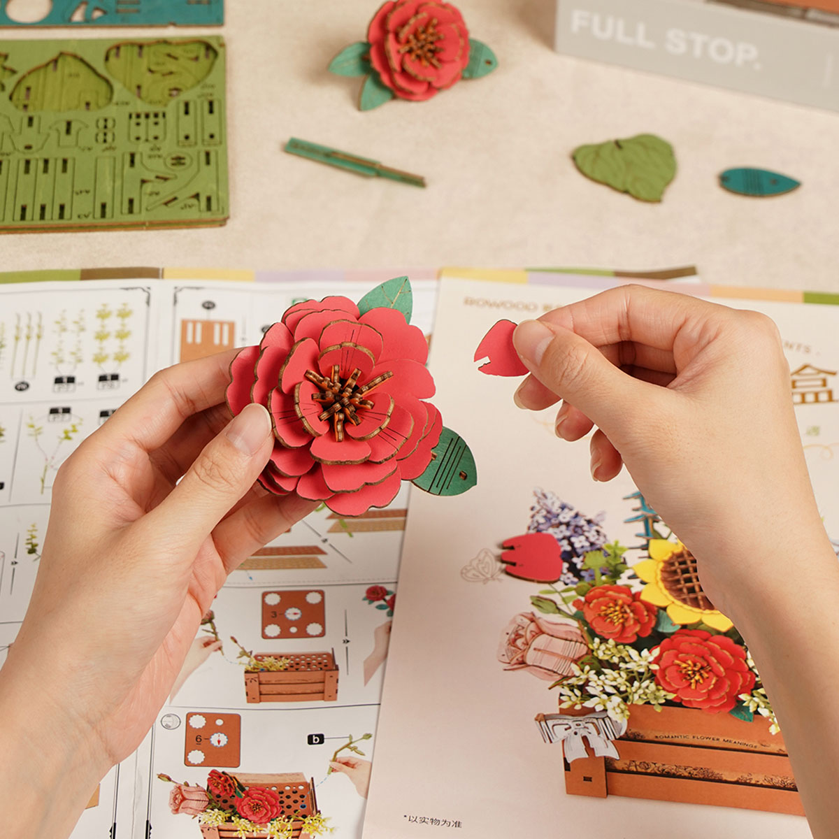 Rowood Wooden Bloom Box TW02H hand assembling red flower with instruction sheet