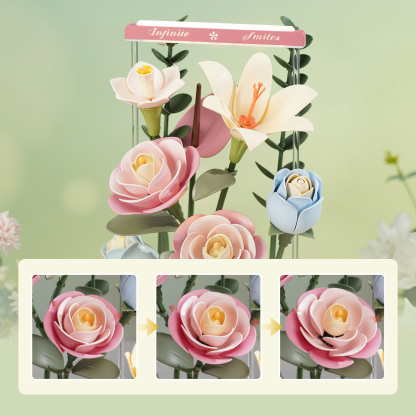 ROKR Blooming Bouquet Box AF01D gros plans sur les trois étapes de floraison des fleurs