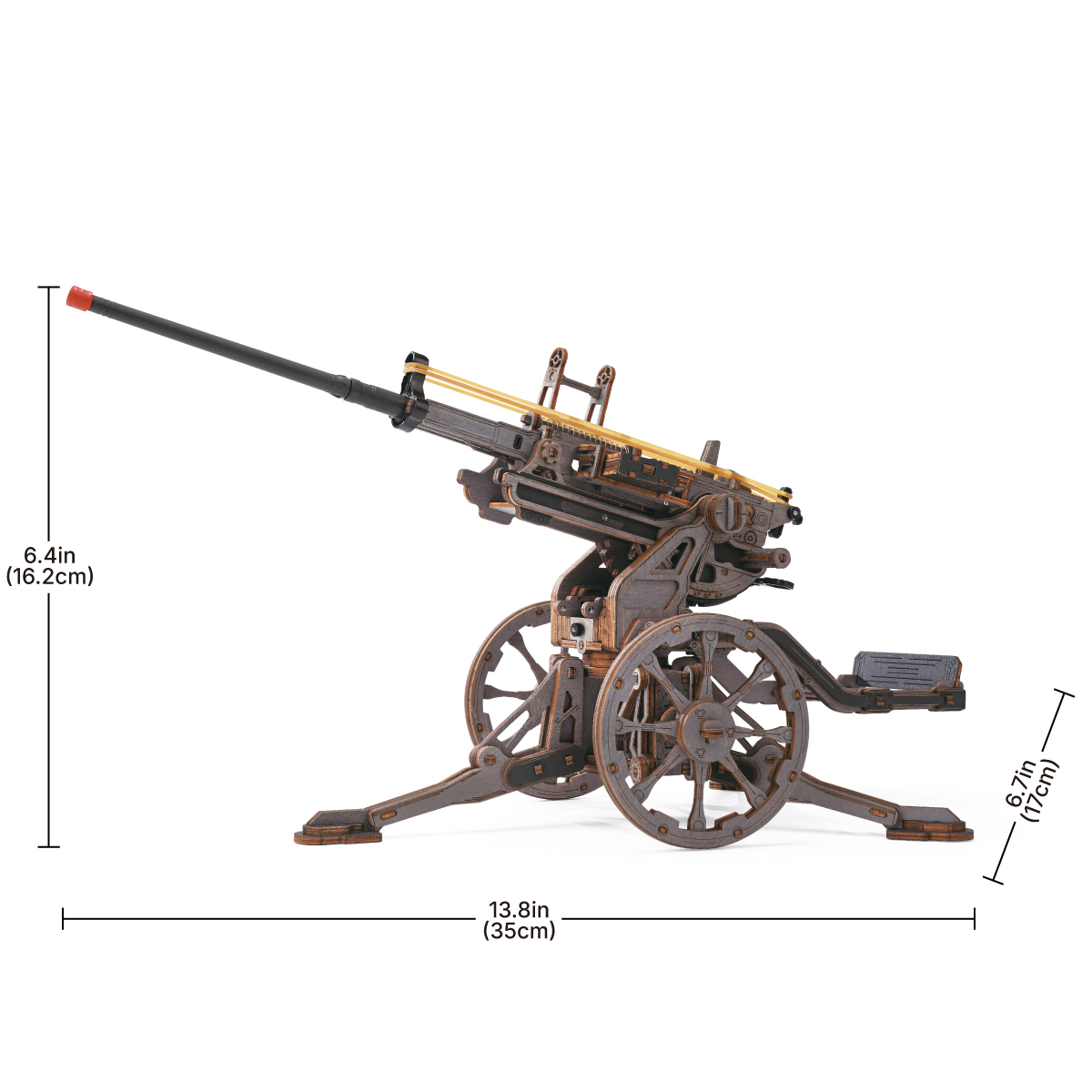 Graphique de taille du canon anti-aérien LQM01 montrant une longueur de 35 cm, une largeur de 17 cm et une hauteur de 16,2 cm