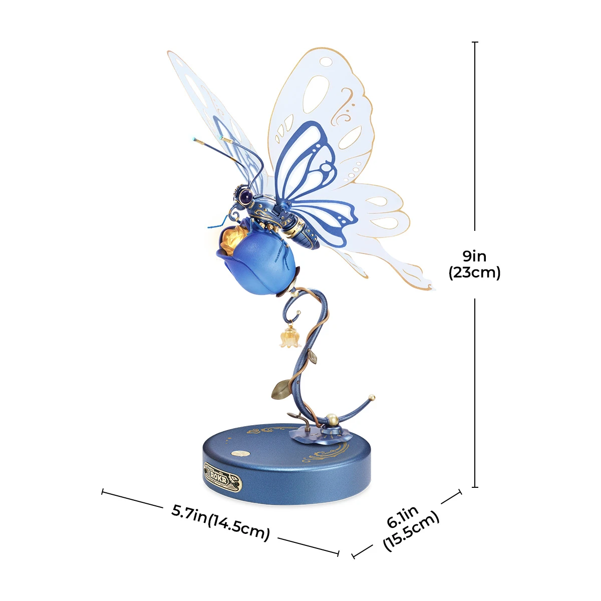 ROKR Butterfly MI05 blue butterfly size graphic with assembled dimensions