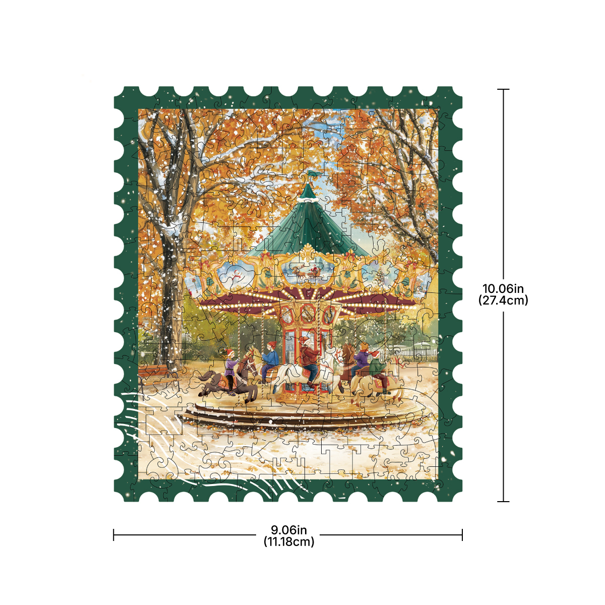 Golden Autumn Carousel size graphic showing 10.79 inch height and 9.06 inch width
