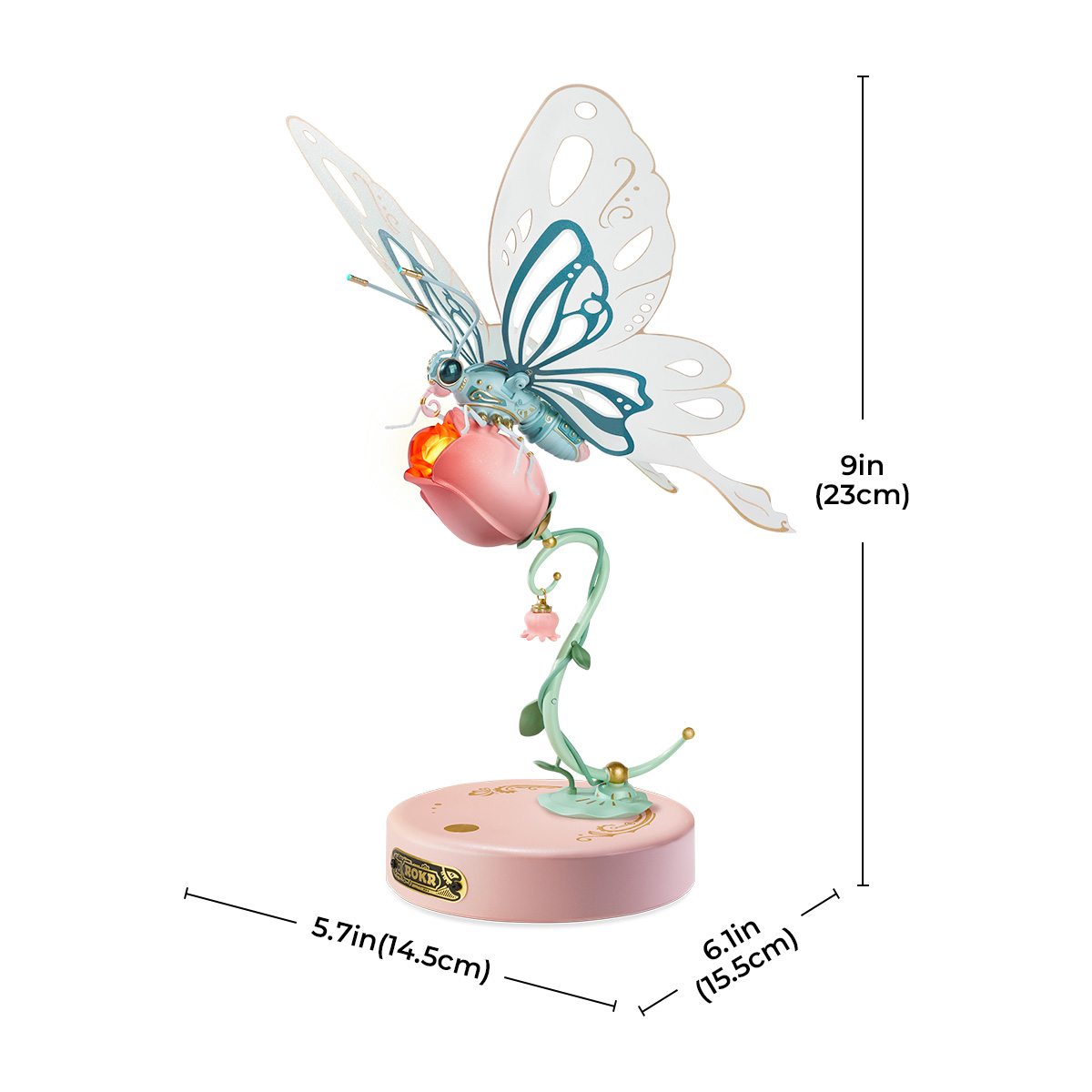 ROKR Butterfly MI05 graphique de papillon rose avec dimensions assemblées