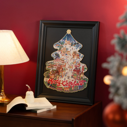 Christmas Town framed tree-shaped puzzle in warm lamp scene