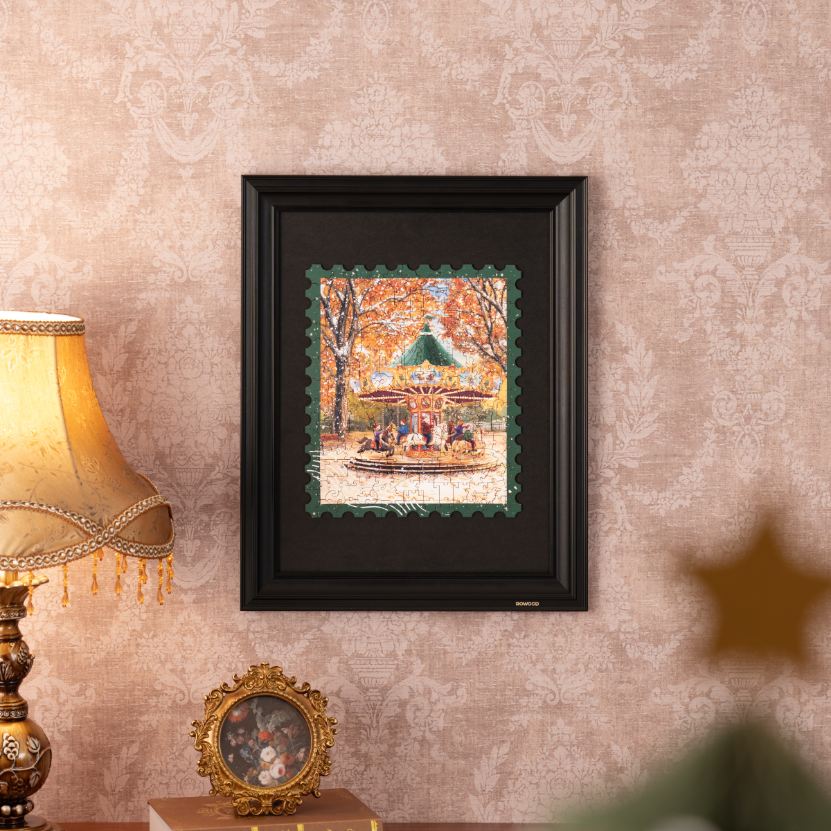 Golden Autumn Carousel framed puzzle in warm home display scene