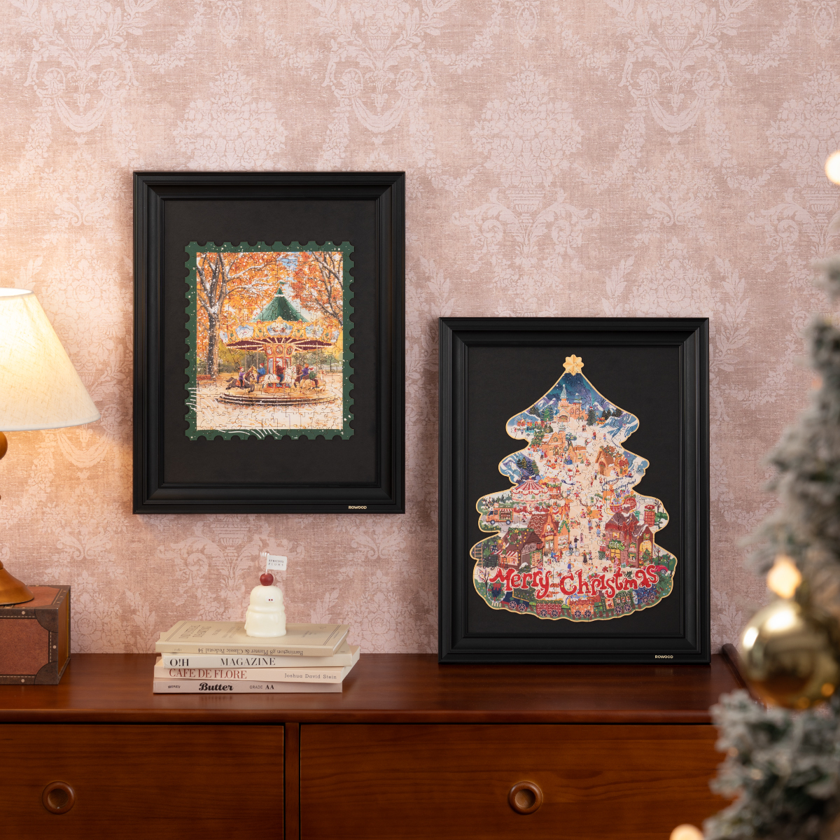 Christmas Town and framed companion puzzle displayed on cabinet