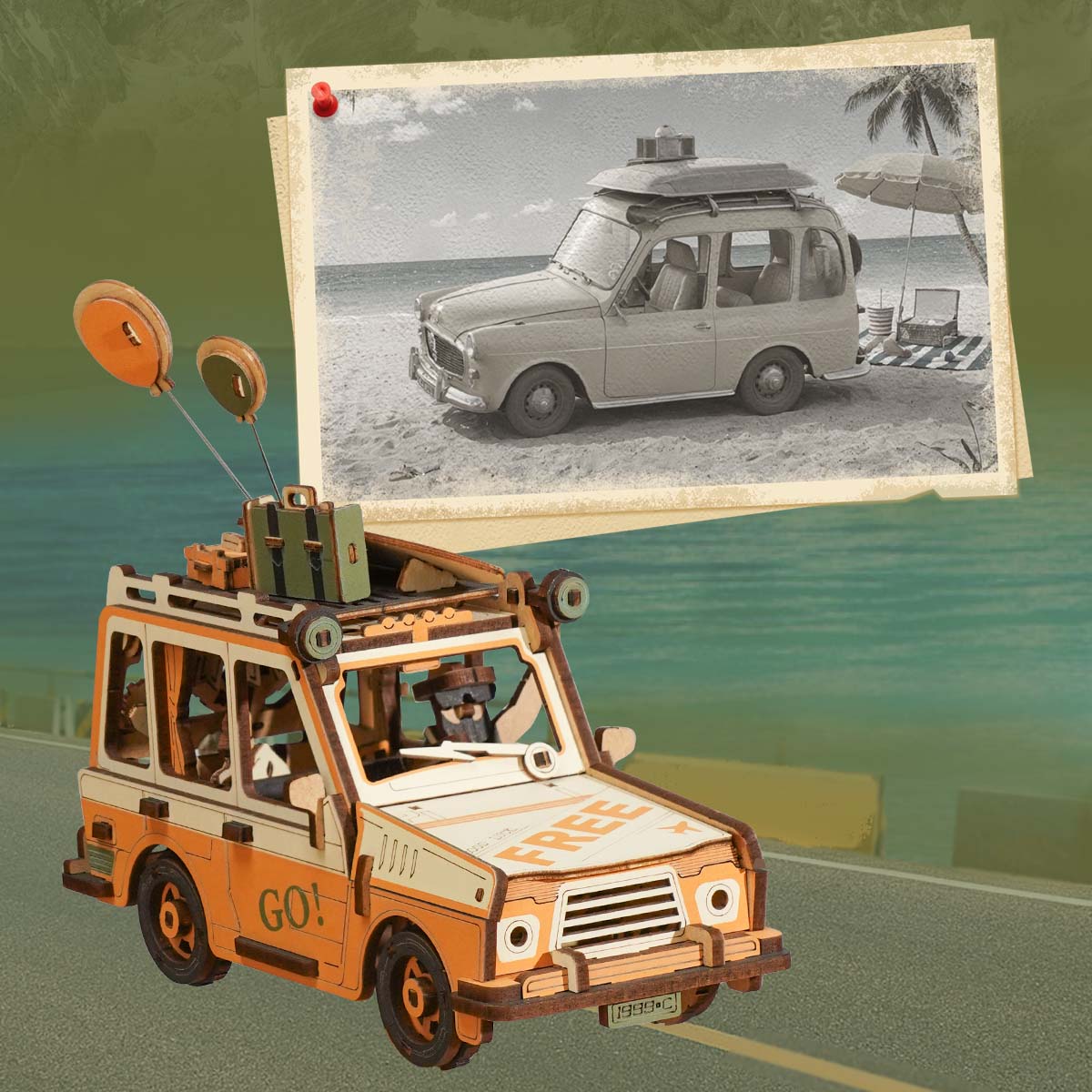 ROKR Road Tripper MCD03 wooden station wagon with vintage travel illustration