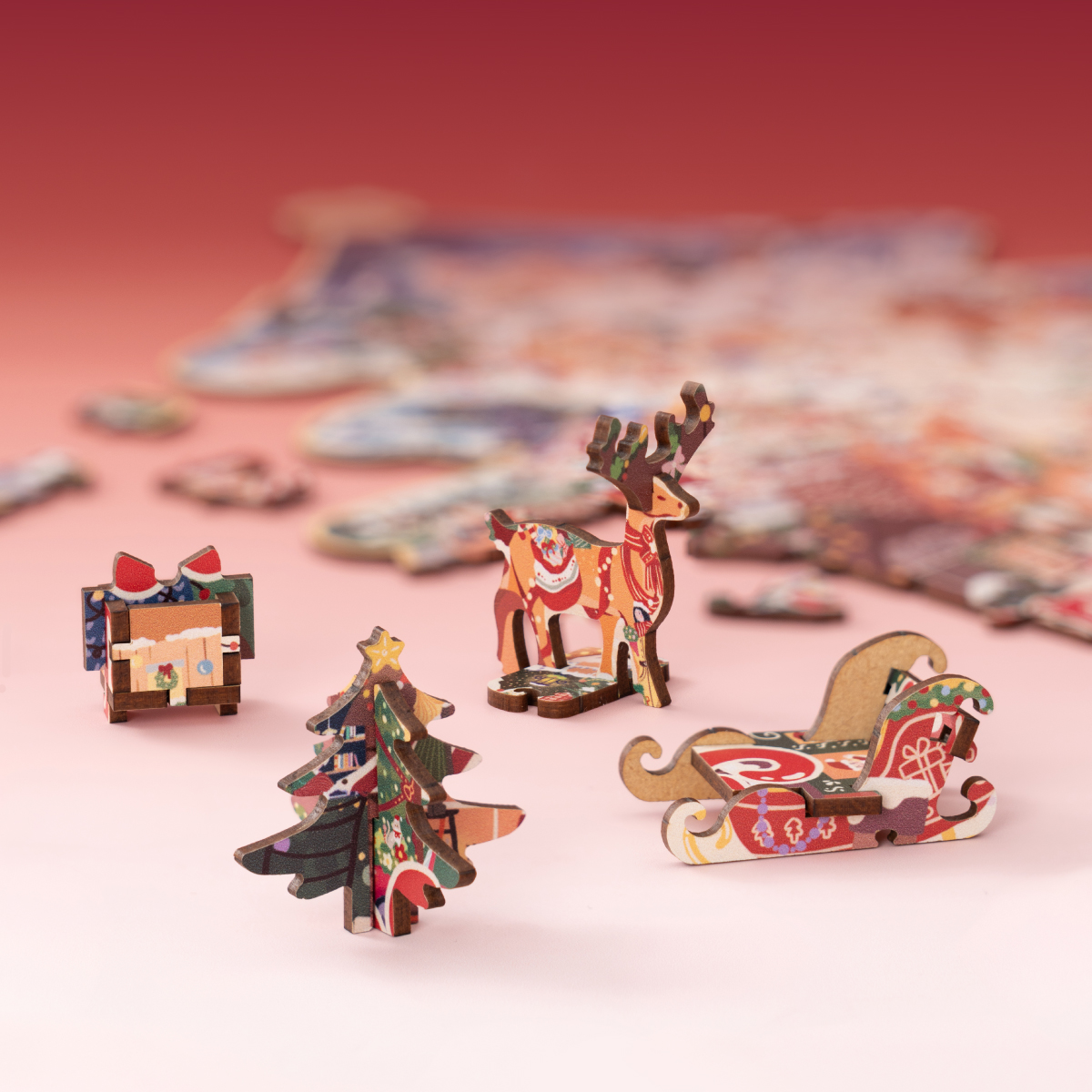 Christmas Town 3D puzzle pieces with reindeer and sleigh details