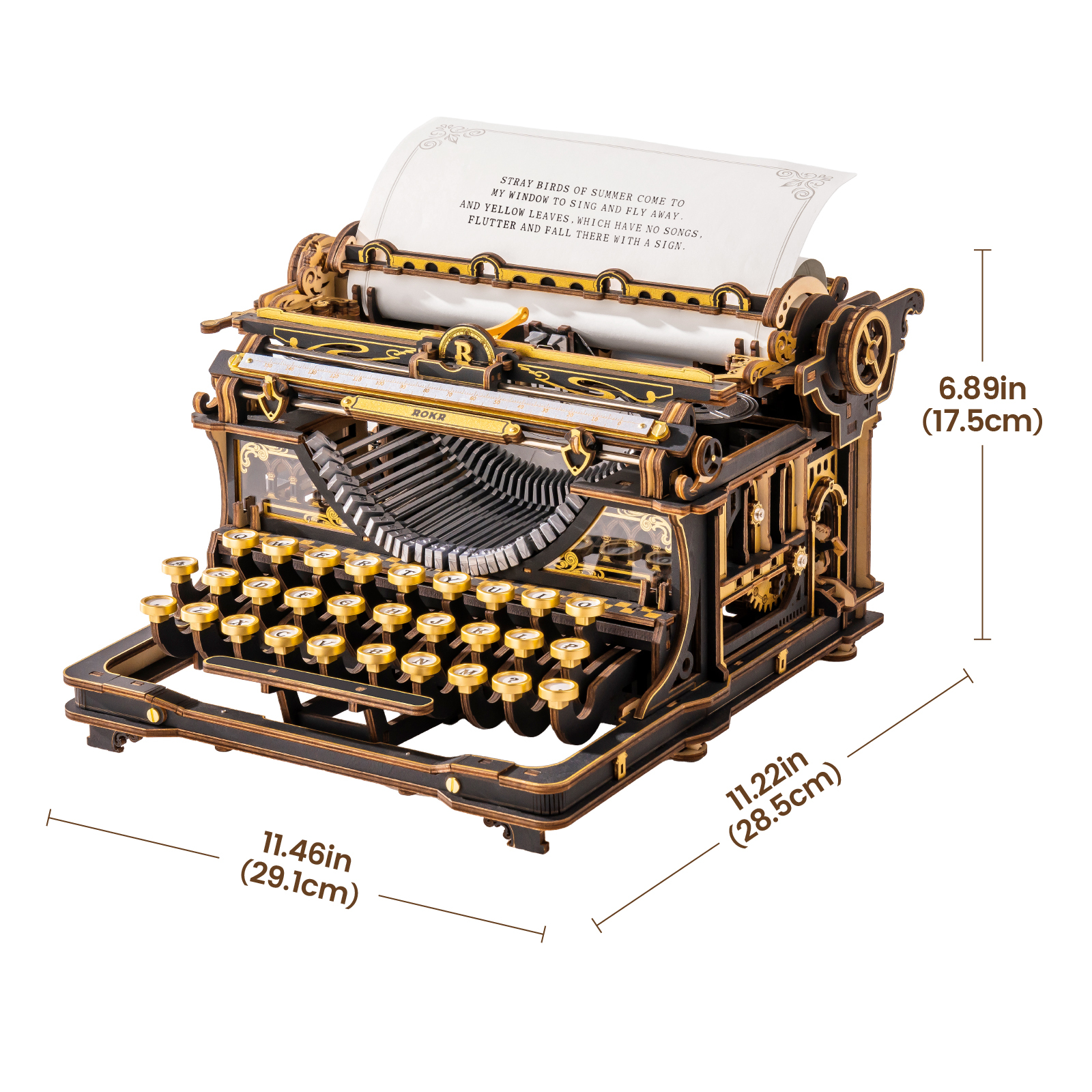 ROKR Mechanical Typewriter LK703B size graphic showing 29.1cm, 28.5cm, and 17.5cm dimensions