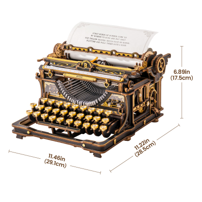 ROKR Mechanical Typewriter LK703B size graphic showing 29.1cm, 28.5cm, and 17.5cm dimensions