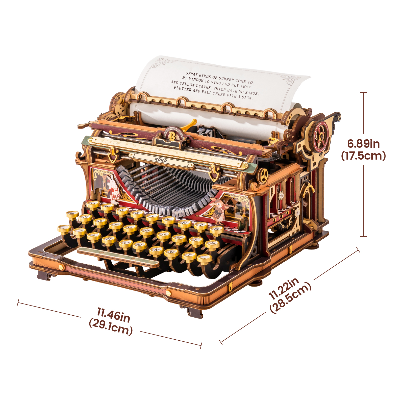ROKR Mechanical Typewriter LK703C size graphic showing 29.1cm, 28.5cm, and 17.5cm dimensions