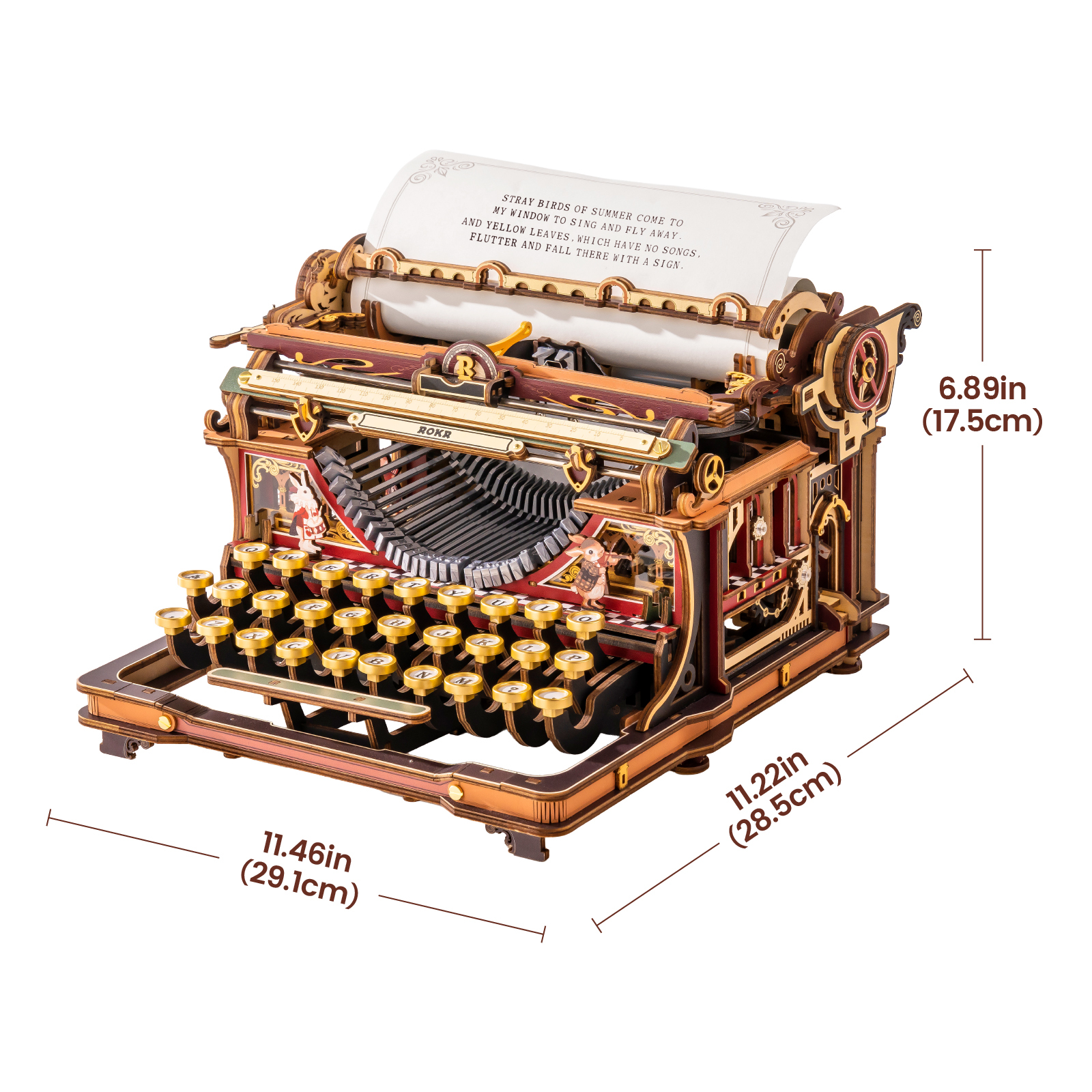 ROKR Mechanical Typewriter LK703C size graphic showing 29.1cm, 28.5cm, and 17.5cm dimensions