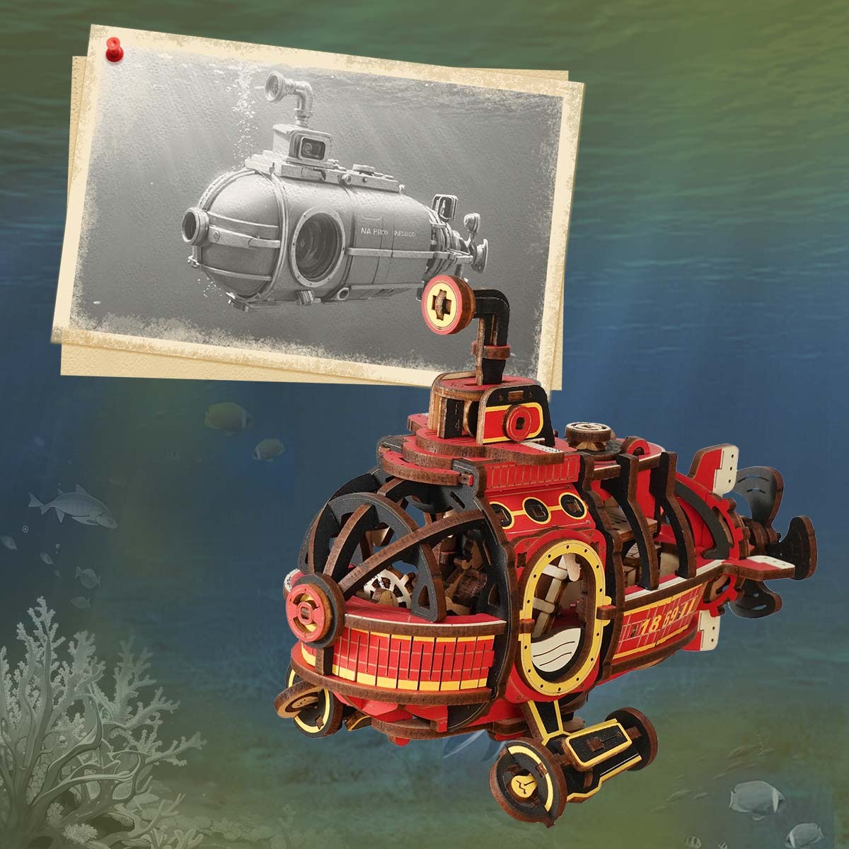ROKR Deep-sea Adventurer MCD04 modèle de sous-marin avec art sous-marin vintage encadré