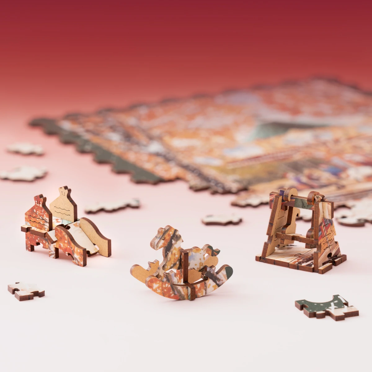 Golden Autumn Carousel 3D puzzle pieces with rocking horse detail
