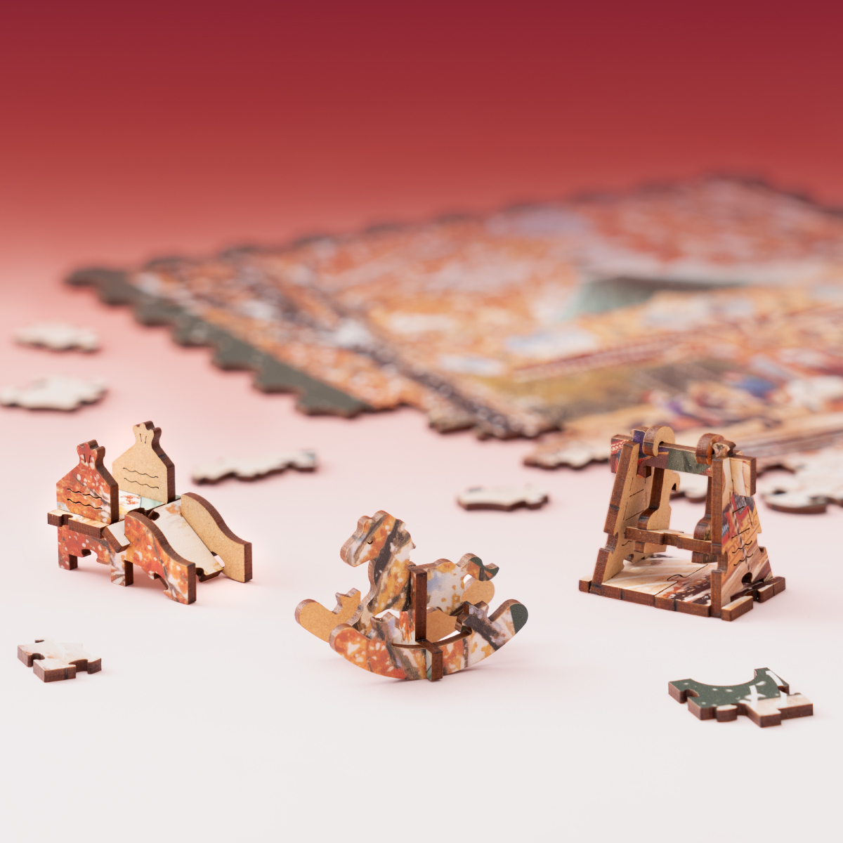 Golden Autumn Carousel 3D puzzle pieces with rocking horse detail