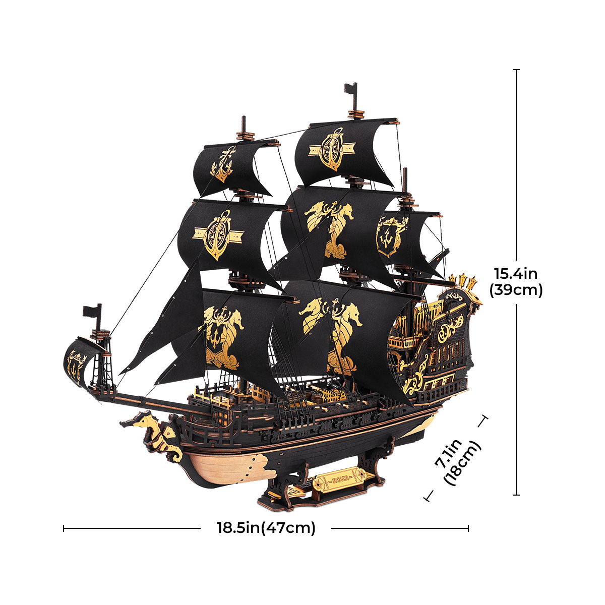 ROKR The Seahorse Barque MCB02 size graphic showing 47 cm length and 38 cm height
