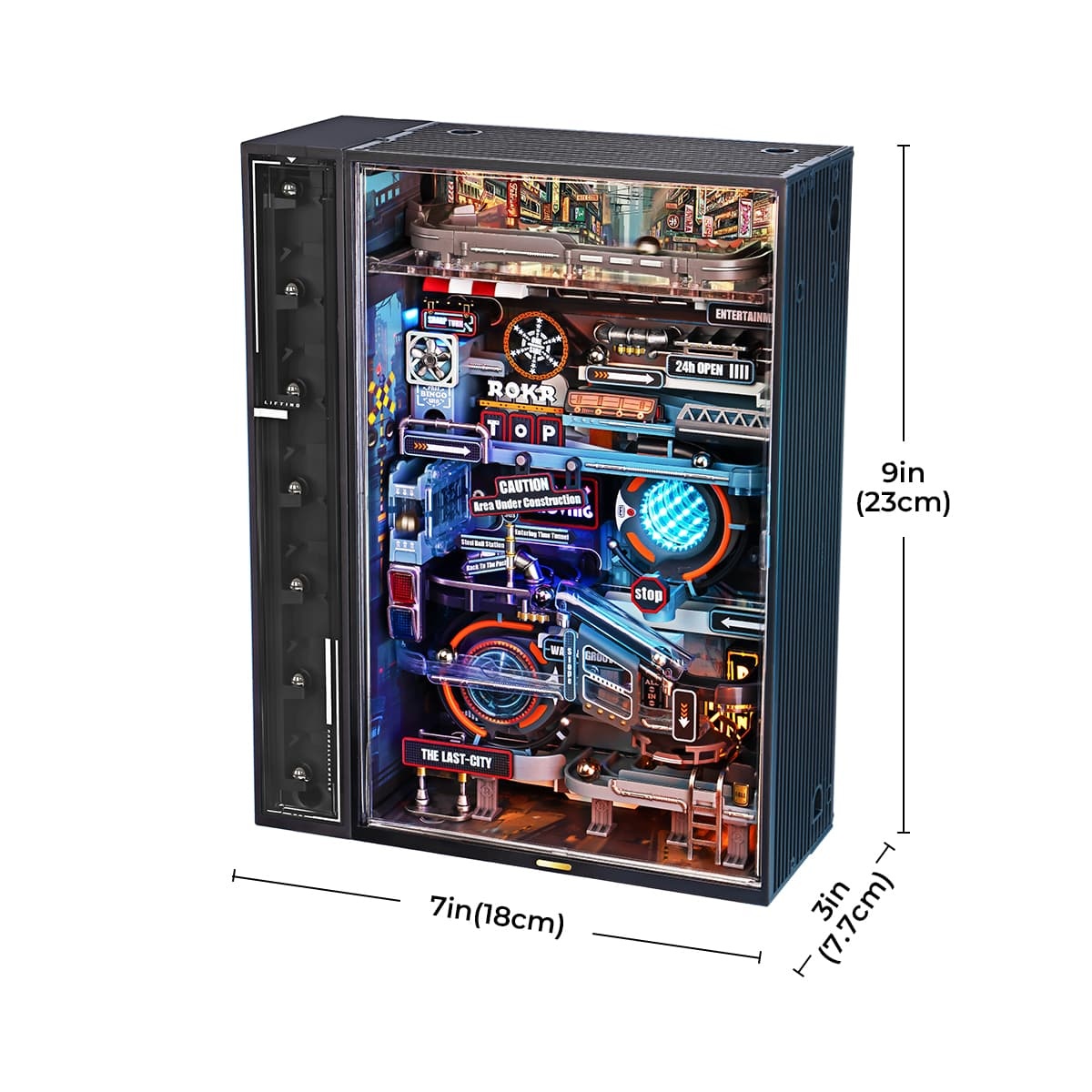 ROKR De Laatste Stad MR01S maat grafiek die een kast van 7 inch breed toont