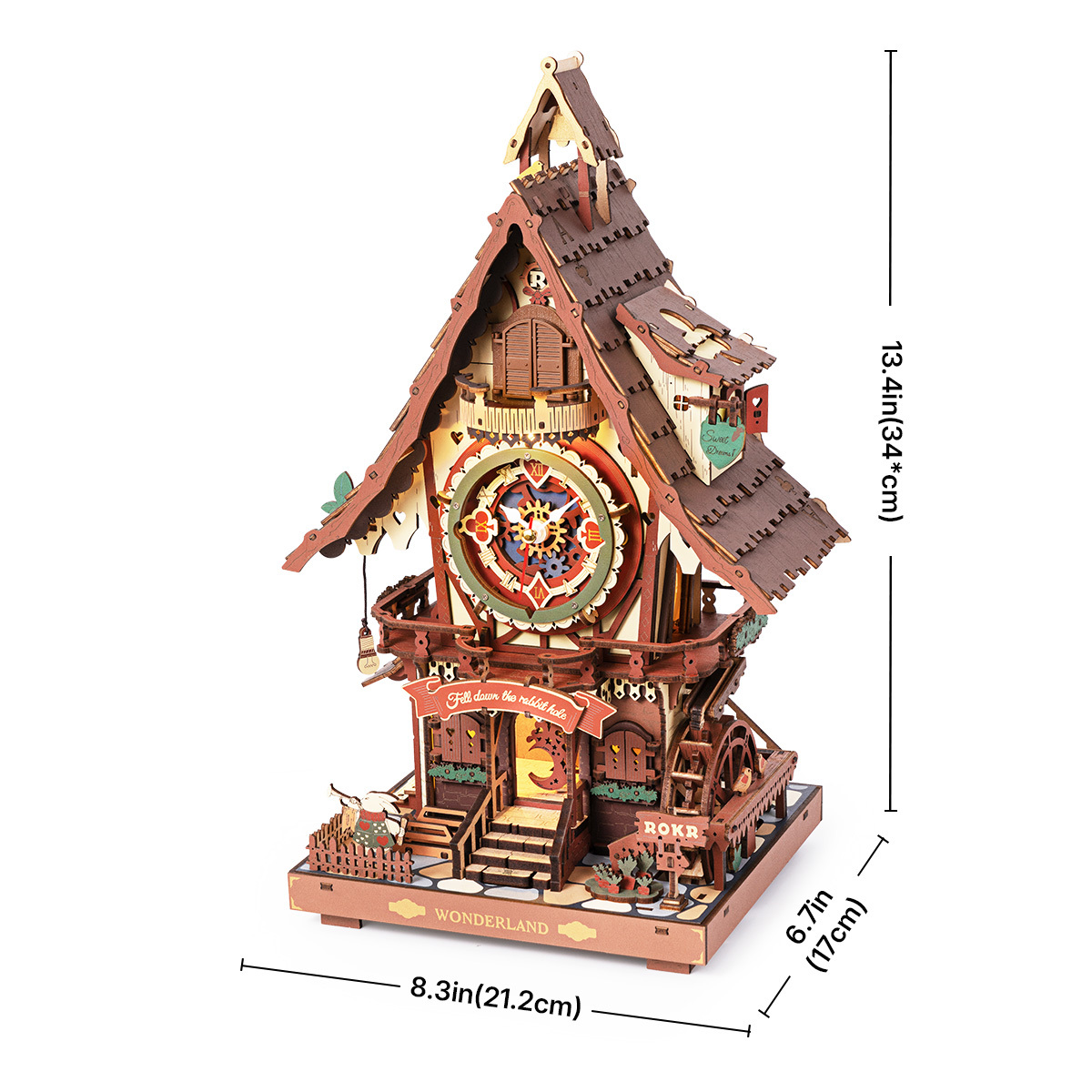 ROKR Cuckoo Clock size graphic showing assembled clock house dimensions