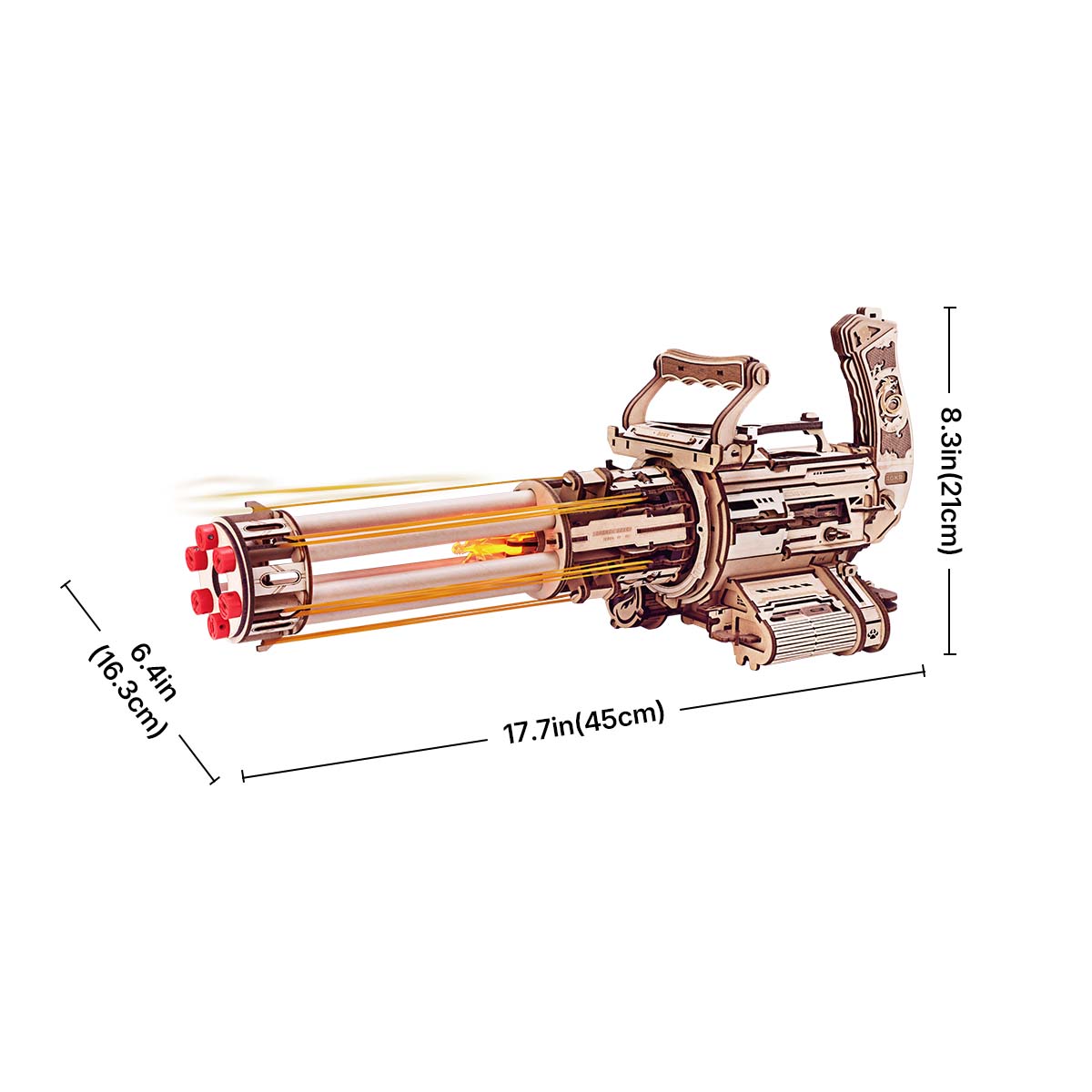 ROKR Rotating-Barrel Machine Gun LQA01 size graphic showing 70.5 cm assembled length