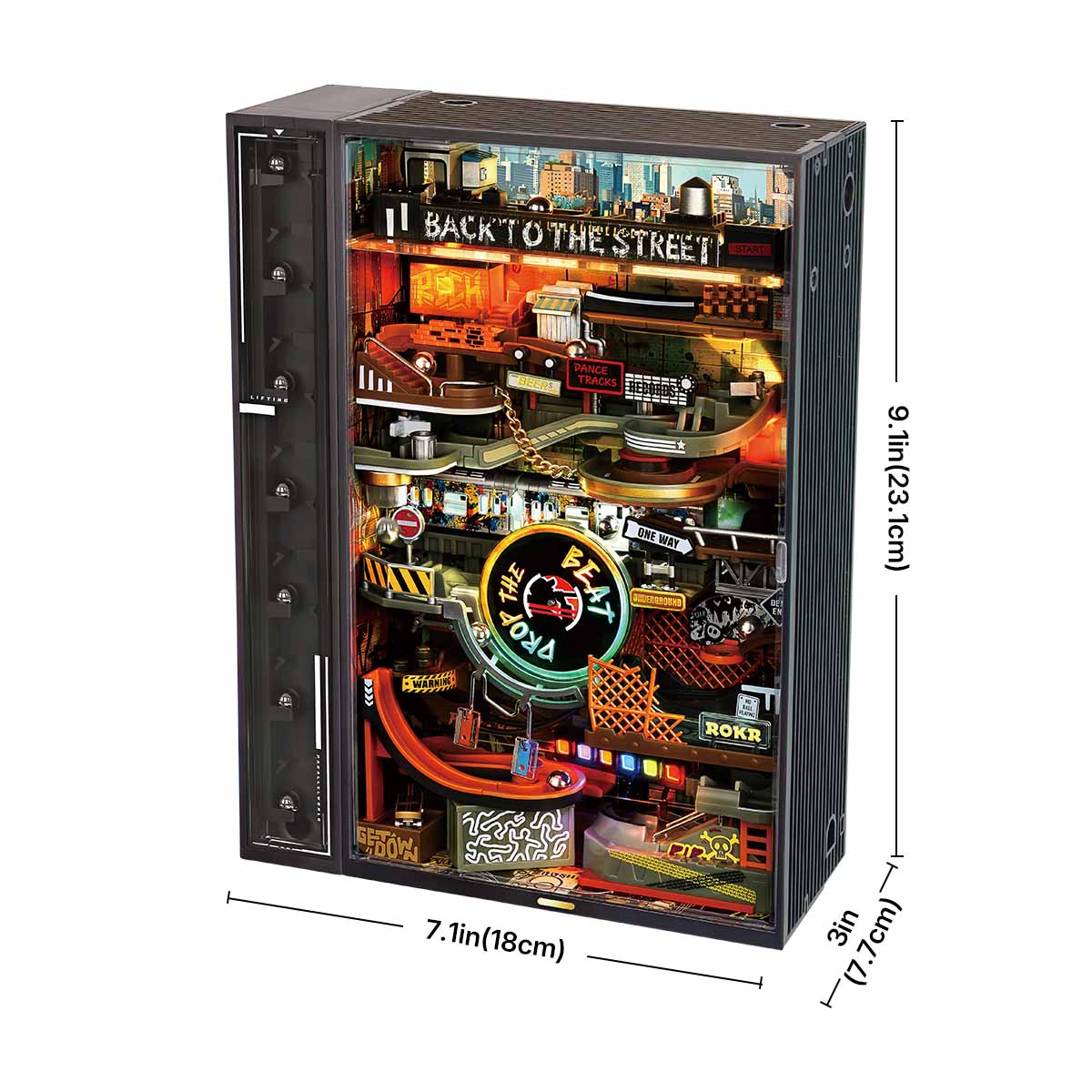 ROKR Hip-Hop Street MR03S size graphic showing cabinet-style marble run dimensions