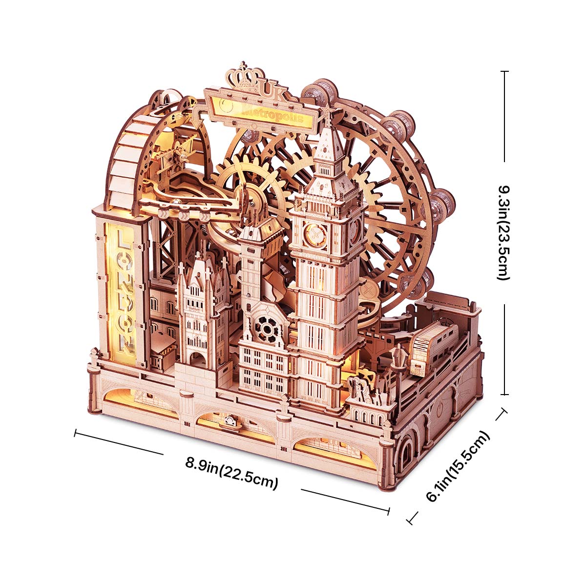 ROKR Marble Travel London EGB01 size graphic showing assembled model dimensions
